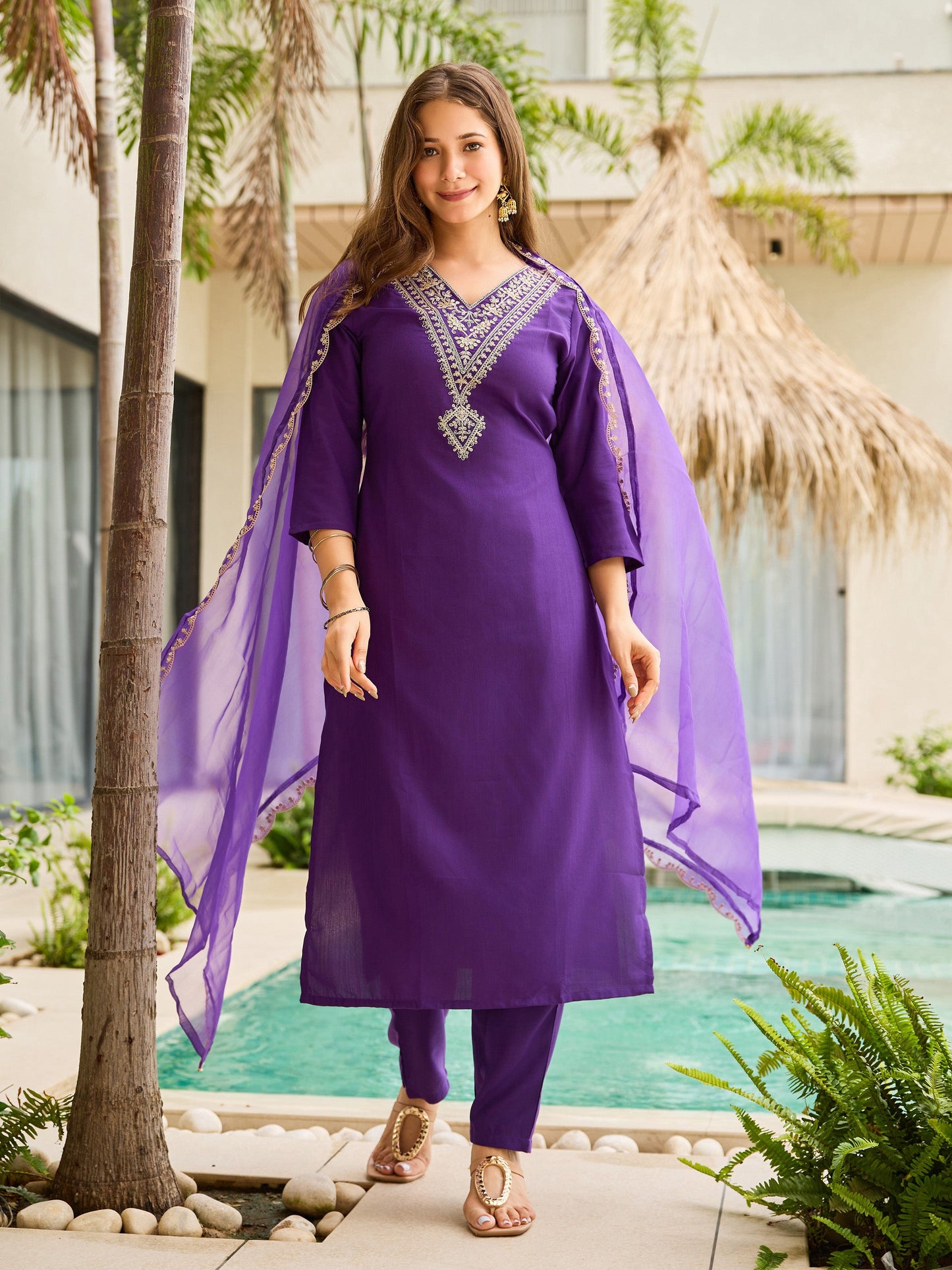 The52 Violet Rayon Slub Fabric Straight Kurta, Pant and Dupatta Set - Swadesiicart