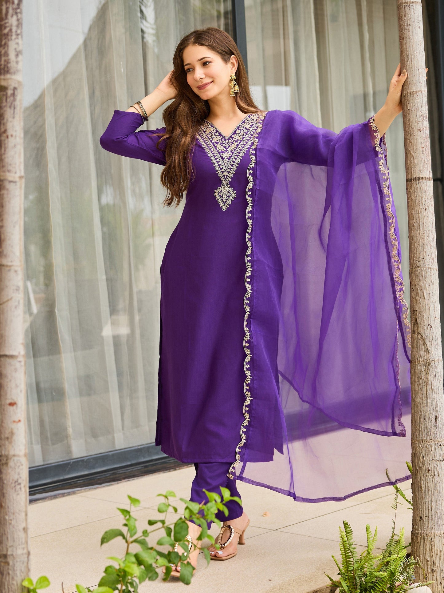 The52 Violet Rayon Slub Fabric Straight Kurta, Pant and Dupatta Set - Swadesiicart