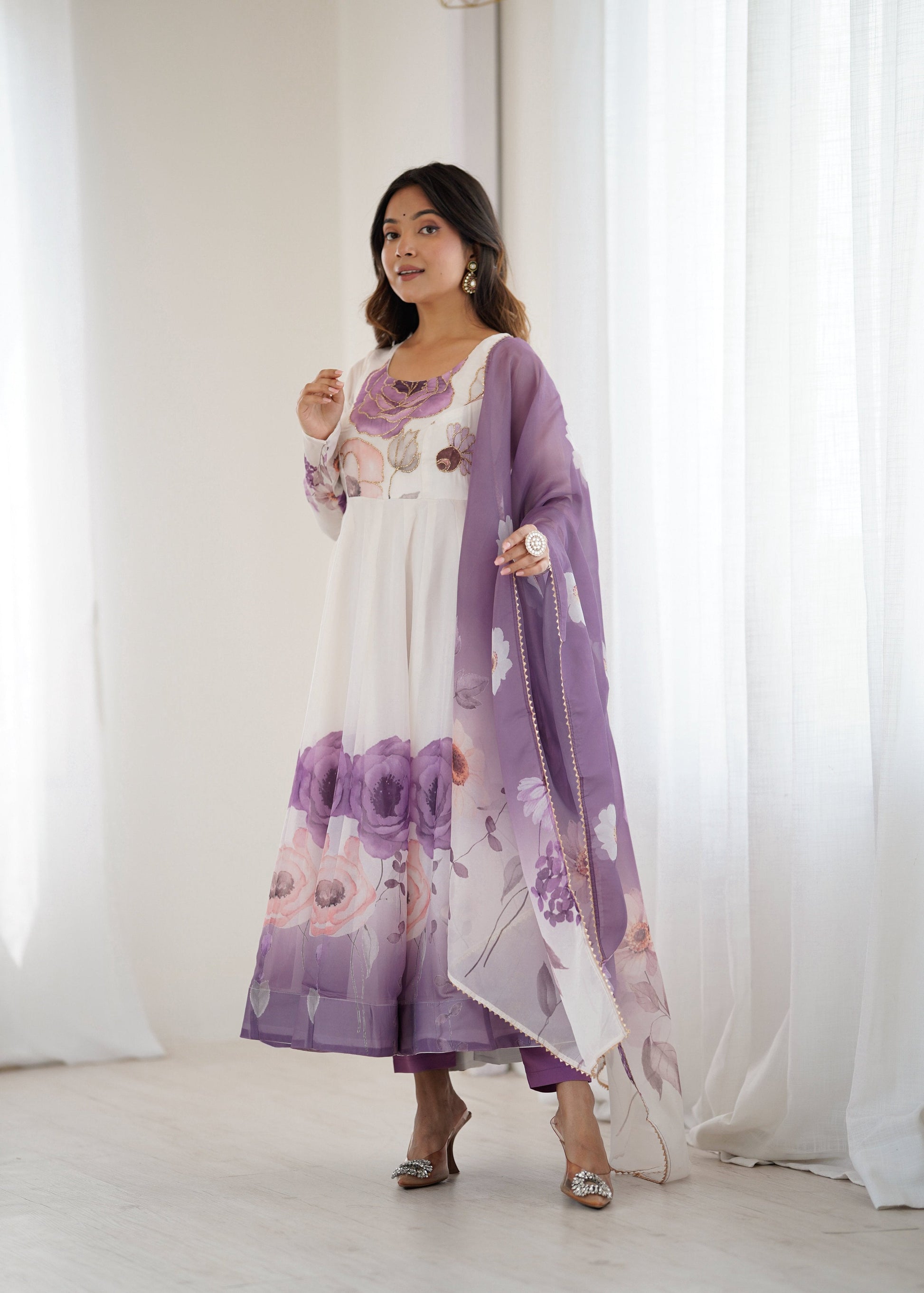 Lorenvalley Fashion Soft Organza Silk Front On Fancy Badla Jari Work Flower Position Print Outing Work Anarkali Kurta Pant With Dupatta Set - Swadesiicart