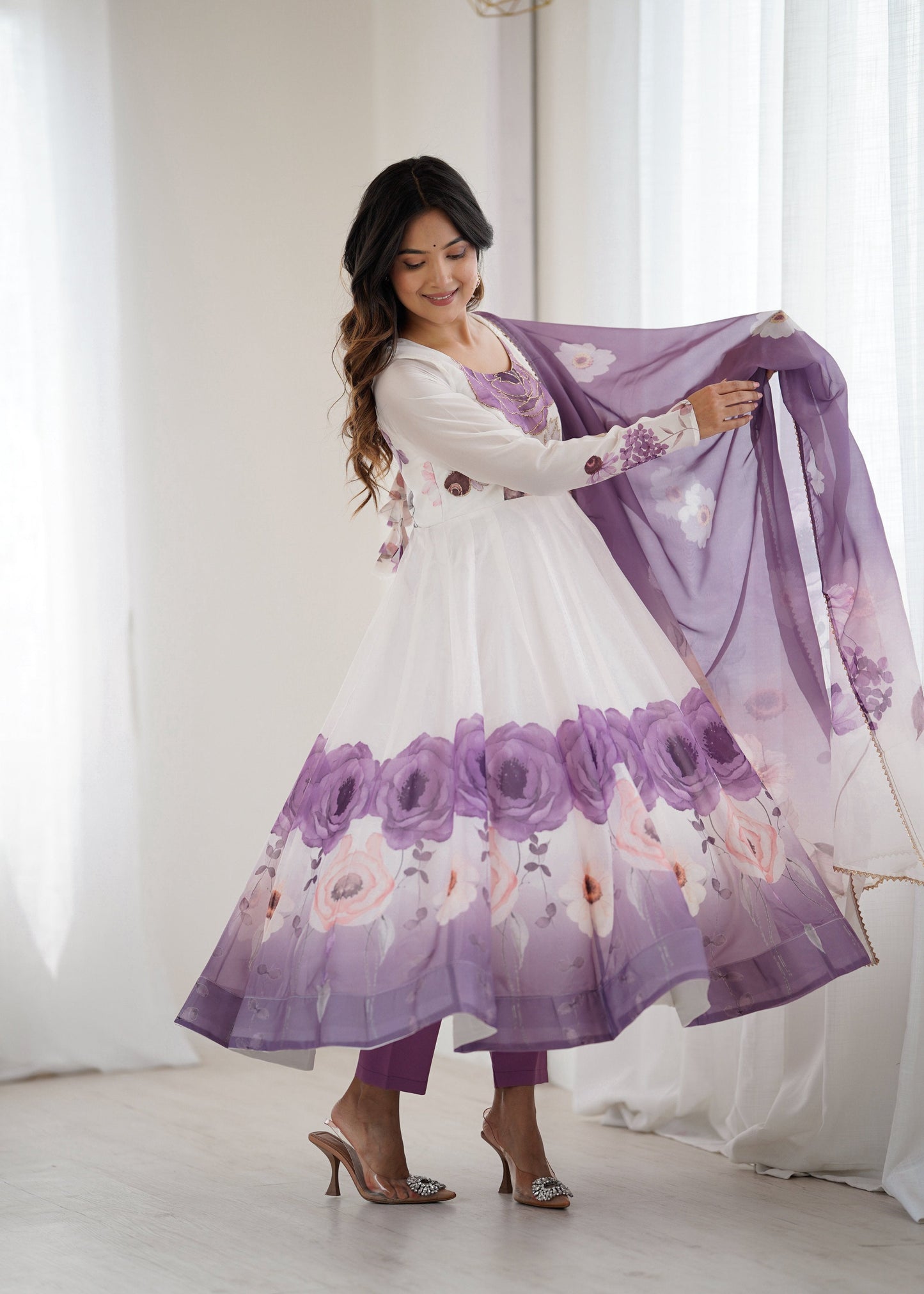 Lorenvalley Fashion Soft Organza Silk Front On Fancy Badla Jari Work Flower Position Print Outing Work Anarkali Kurta Pant With Dupatta Set - Swadesiicart