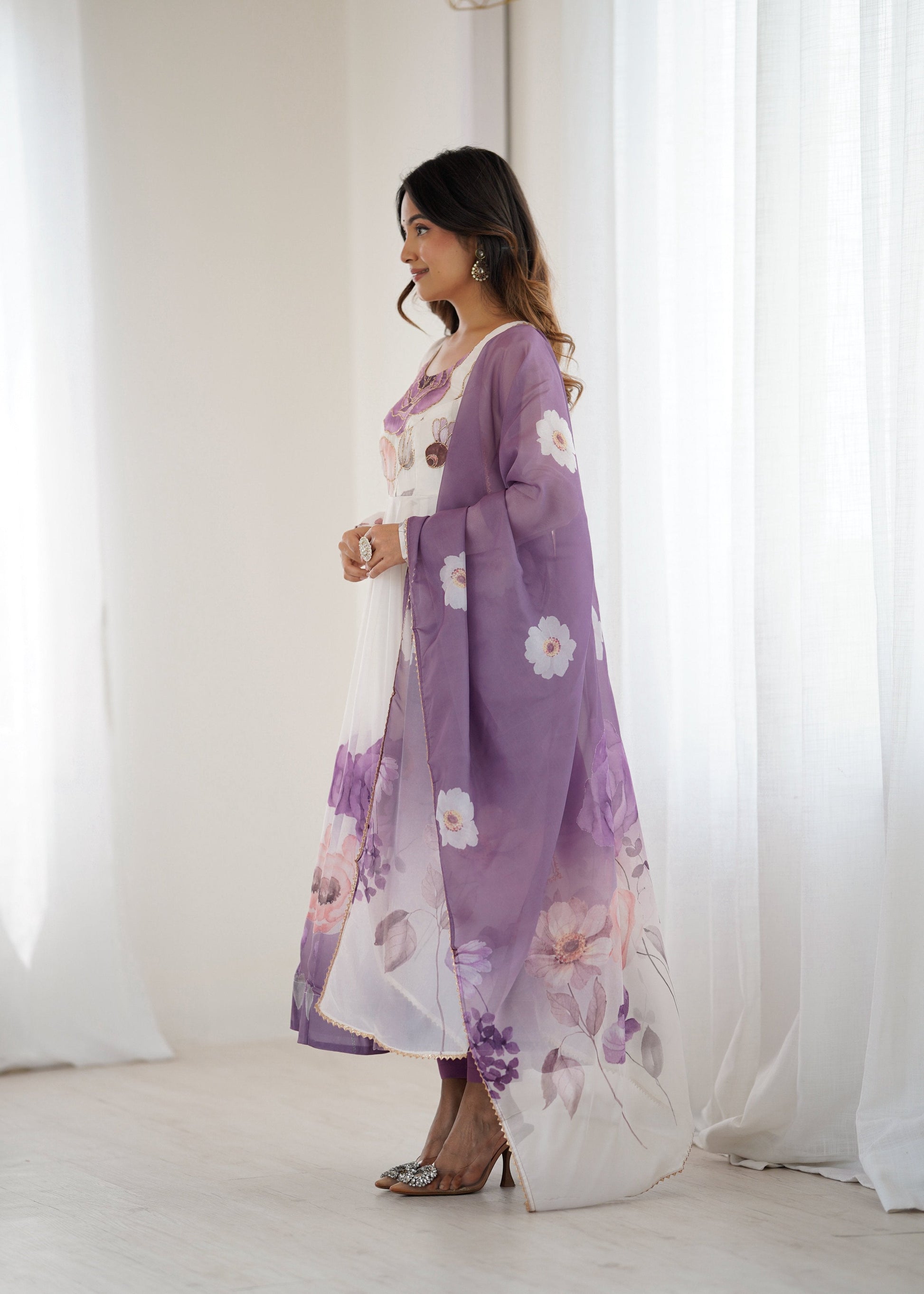 Lorenvalley Fashion Soft Organza Silk Front On Fancy Badla Jari Work Flower Position Print Outing Work Anarkali Kurta Pant With Dupatta Set - Swadesiicart