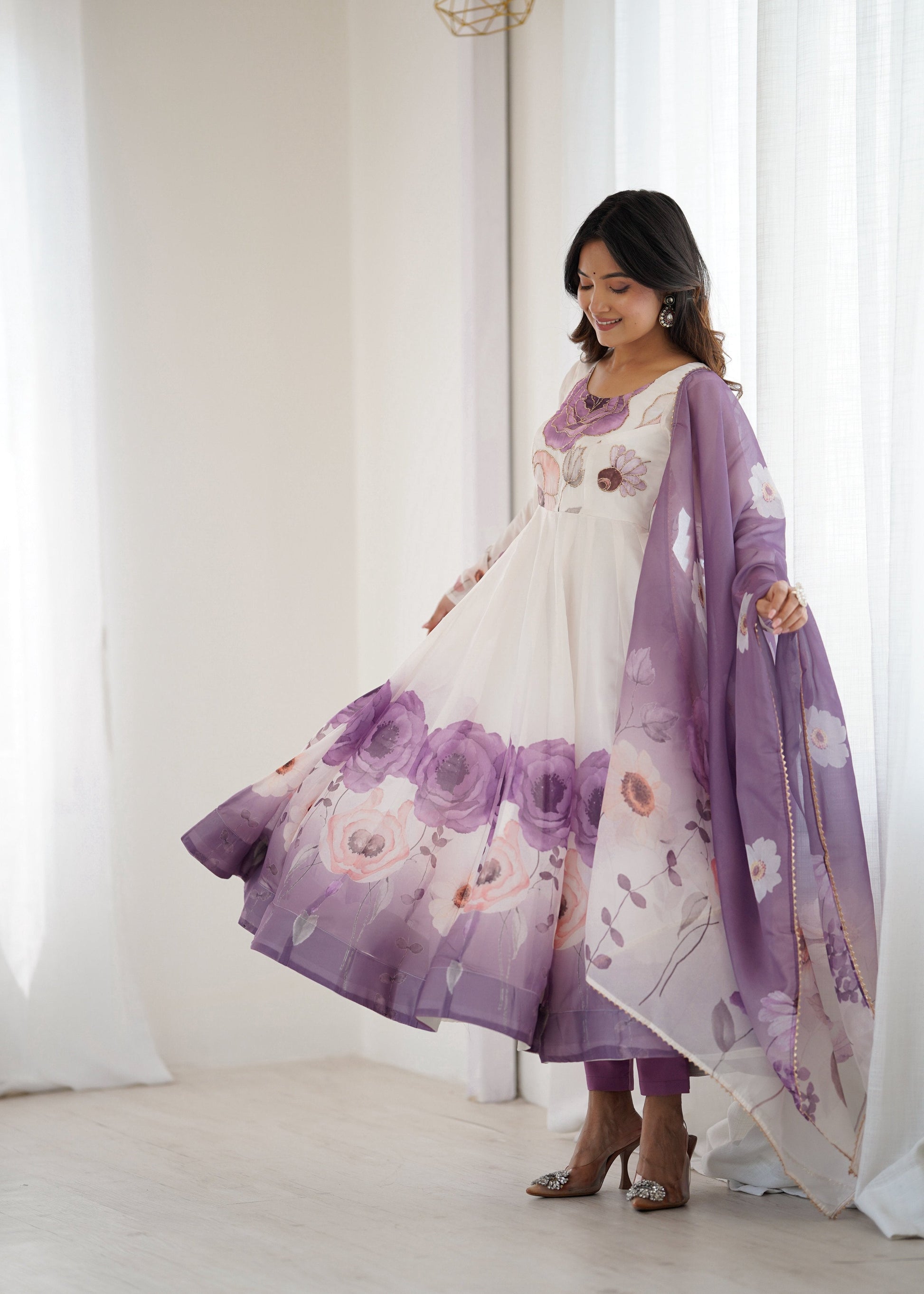 Lorenvalley Fashion Soft Organza Silk Front On Fancy Badla Jari Work Flower Position Print Outing Work Anarkali Kurta Pant With Dupatta Set - Swadesiicart