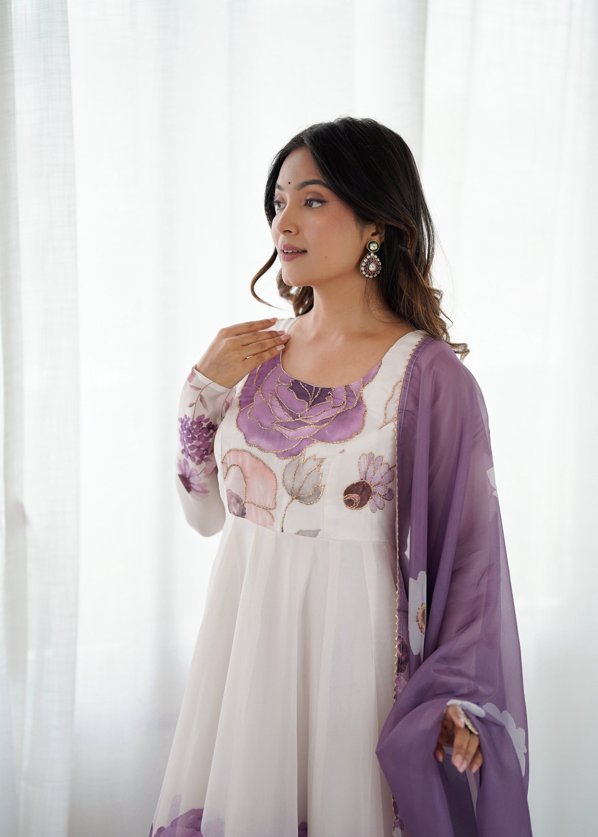Lorenvalley Fashion Soft Organza Silk Front On Fancy Badla Jari Work Flower Position Print Outing Work Anarkali Kurta Pant With Dupatta Set - Swadesiicart
