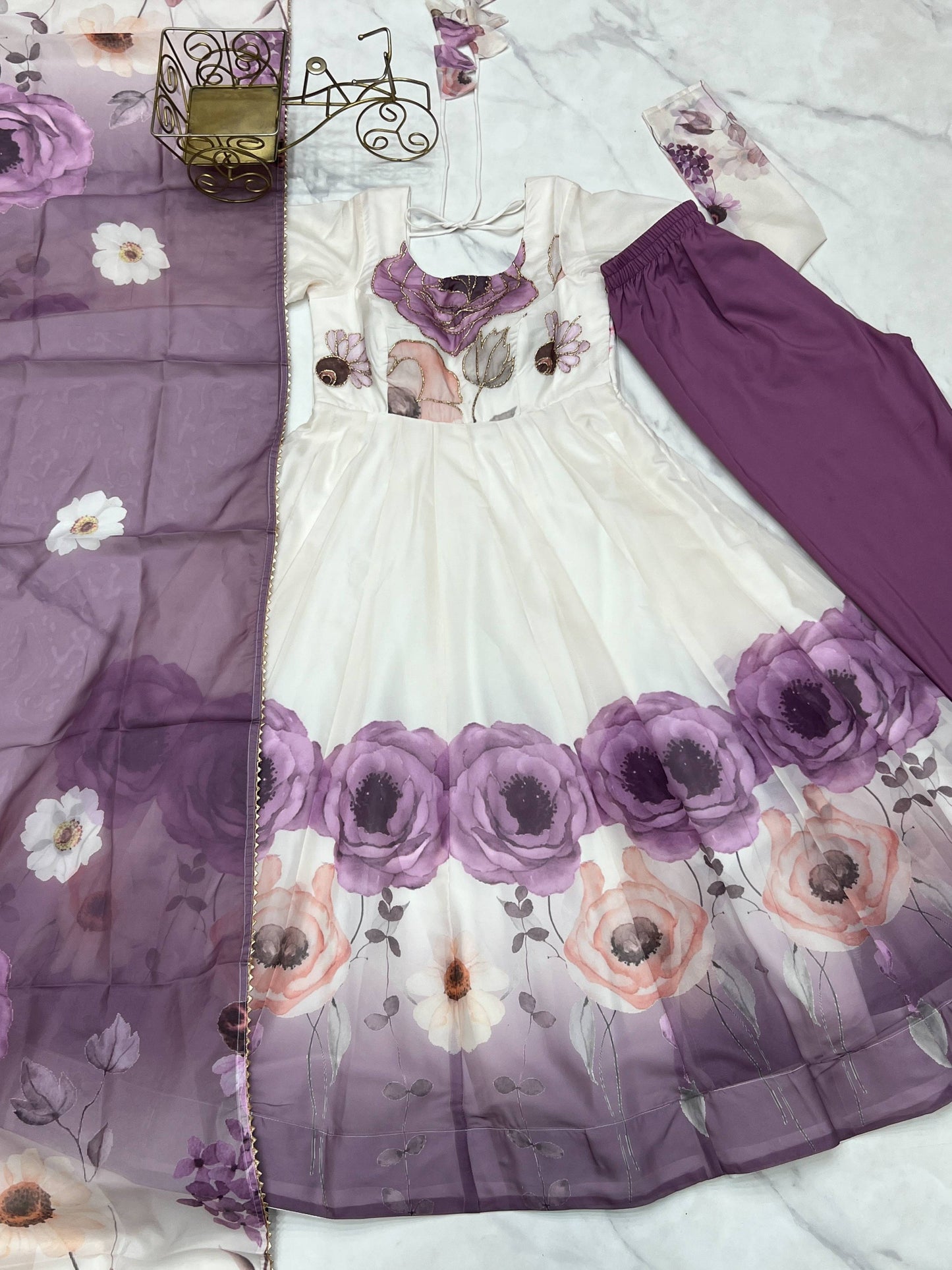Lorenvalley Fashion Soft Organza Silk Front On Fancy Badla Jari Work Flower Position Print Outing Work Anarkali Kurta Pant With Dupatta Set - Swadesiicart