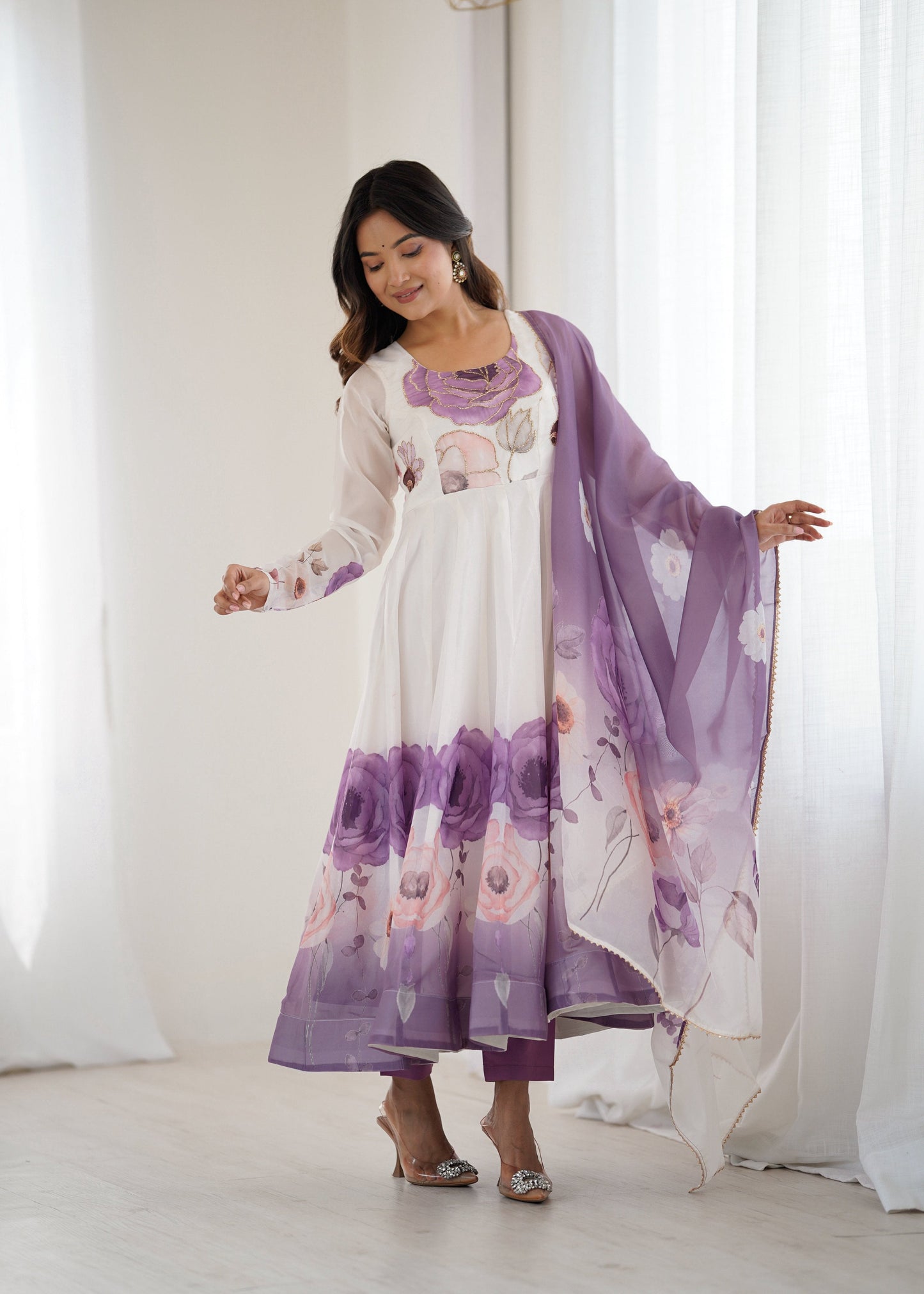 Lorenvalley Fashion Soft Organza Silk Front On Fancy Badla Jari Work Flower Position Print Outing Work Anarkali Kurta Pant With Dupatta Set - Swadesiicart