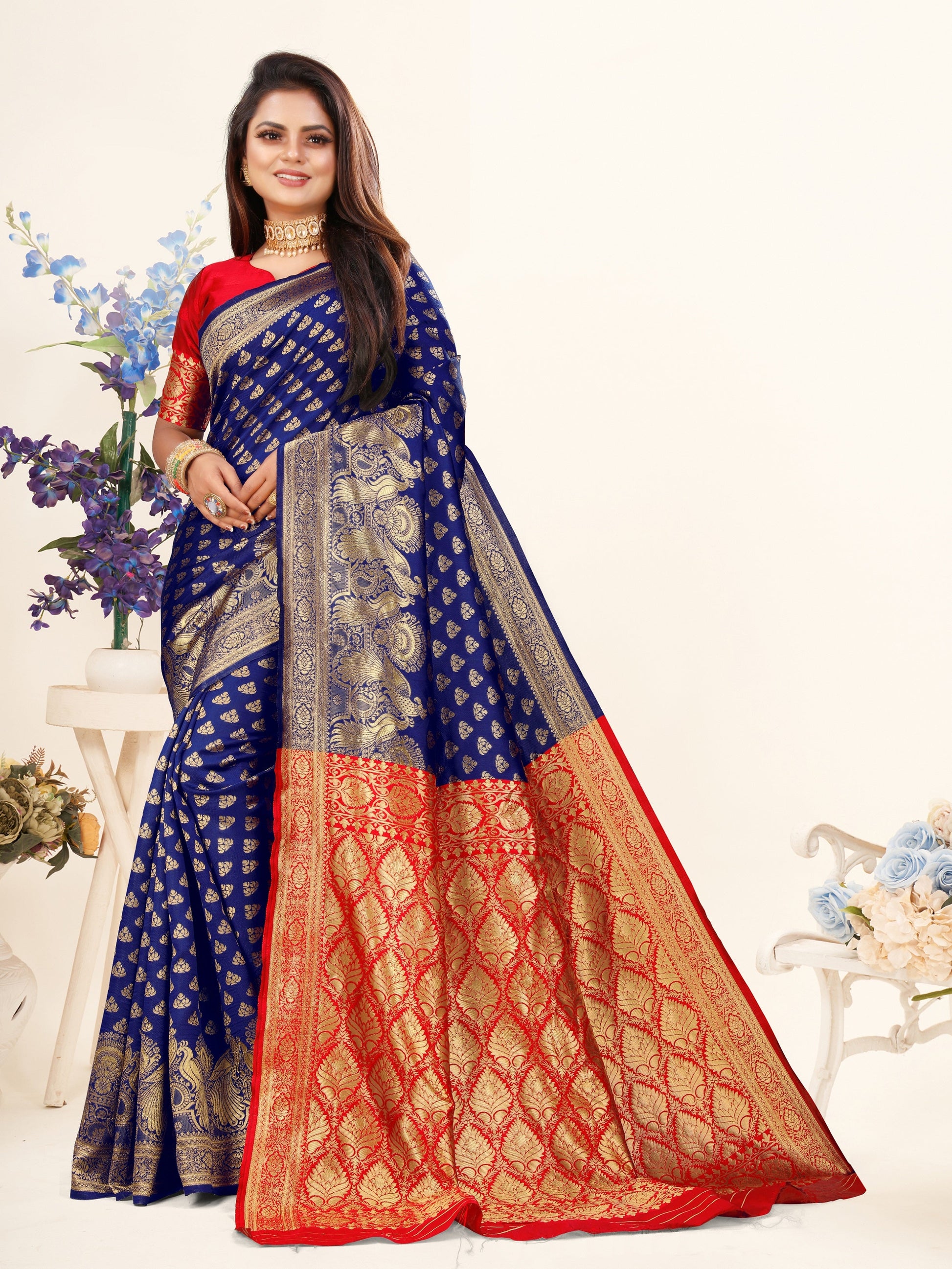 Vedant Vastram Litchi Silk Designer Banarasi Saree - Blue | Swadesiicart