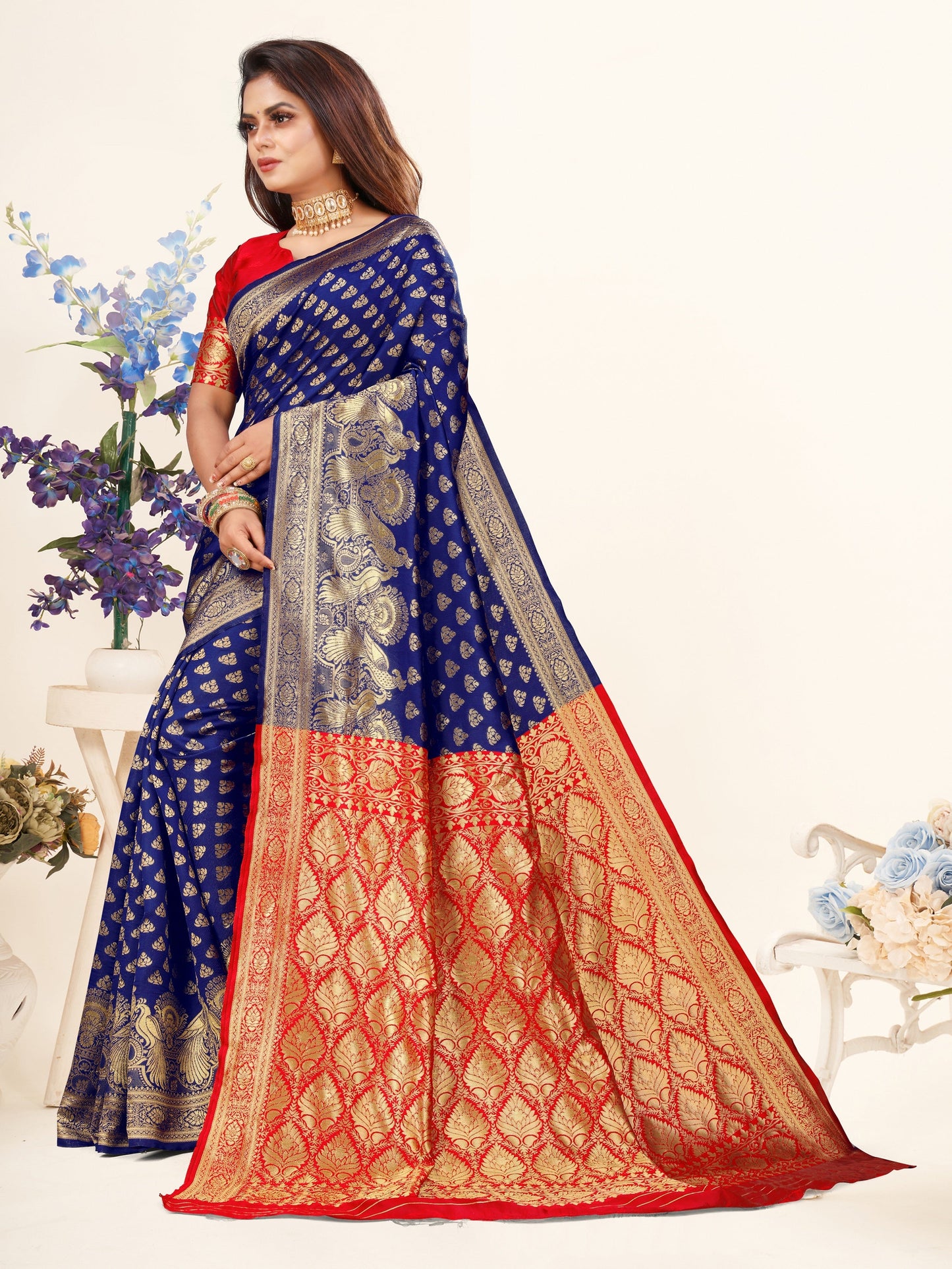 Vedant Vastram Litchi Silk Designer Banarasi Saree - Blue | Swadesiicart