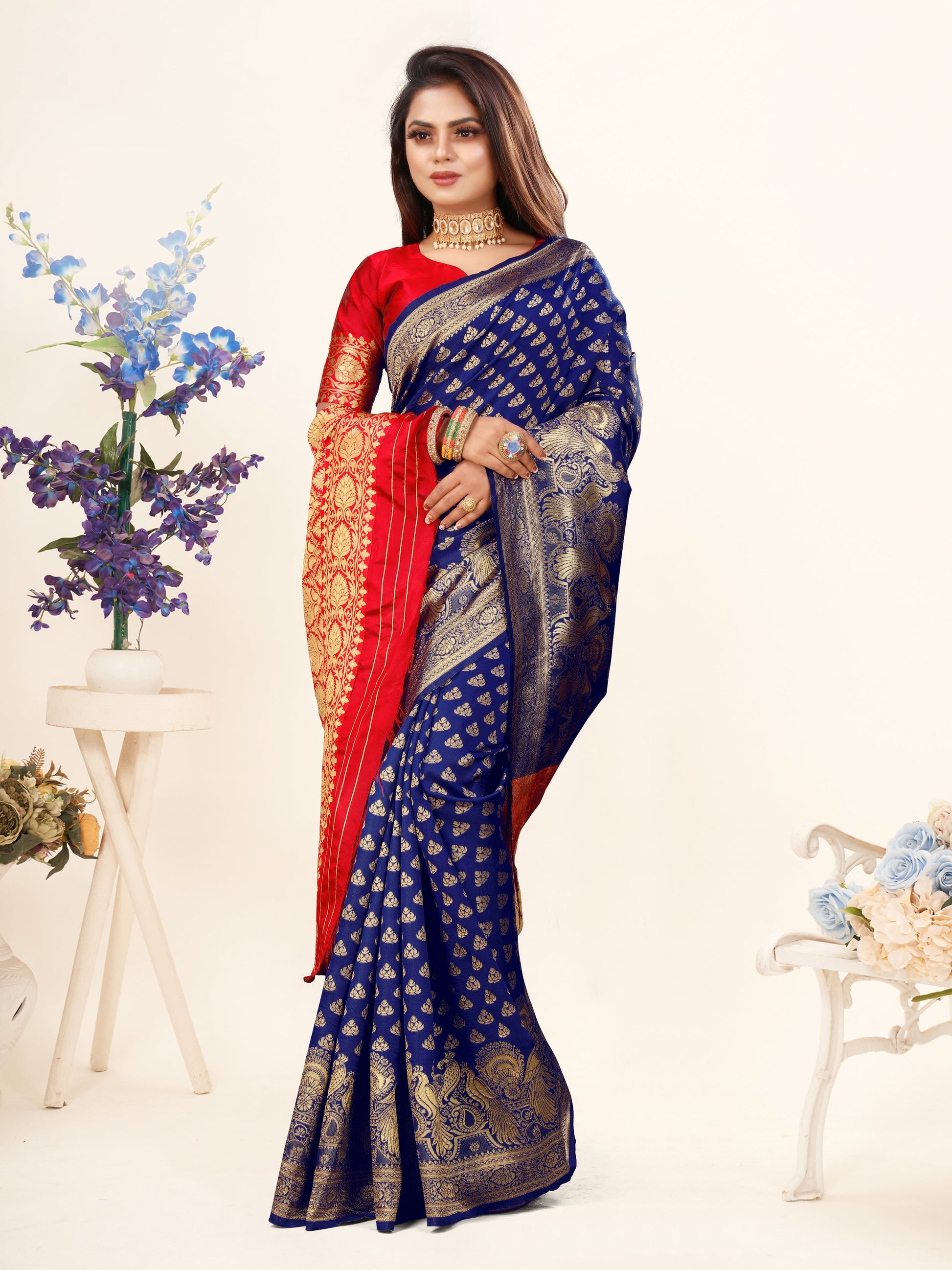 Vedant Vastram Litchi Silk Designer Banarasi Saree - Blue | Swadesiicart