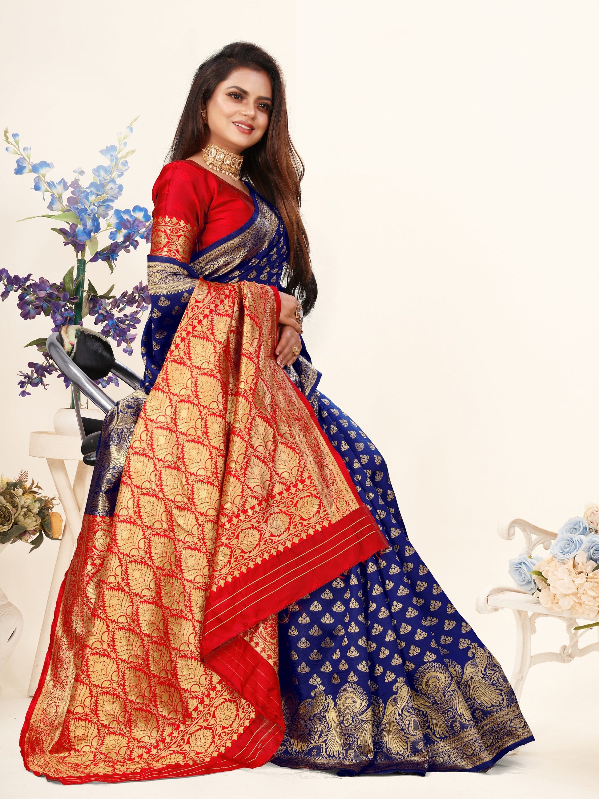 Vedant Vastram Litchi Silk Designer Banarasi Saree - Blue | Swadesiicart