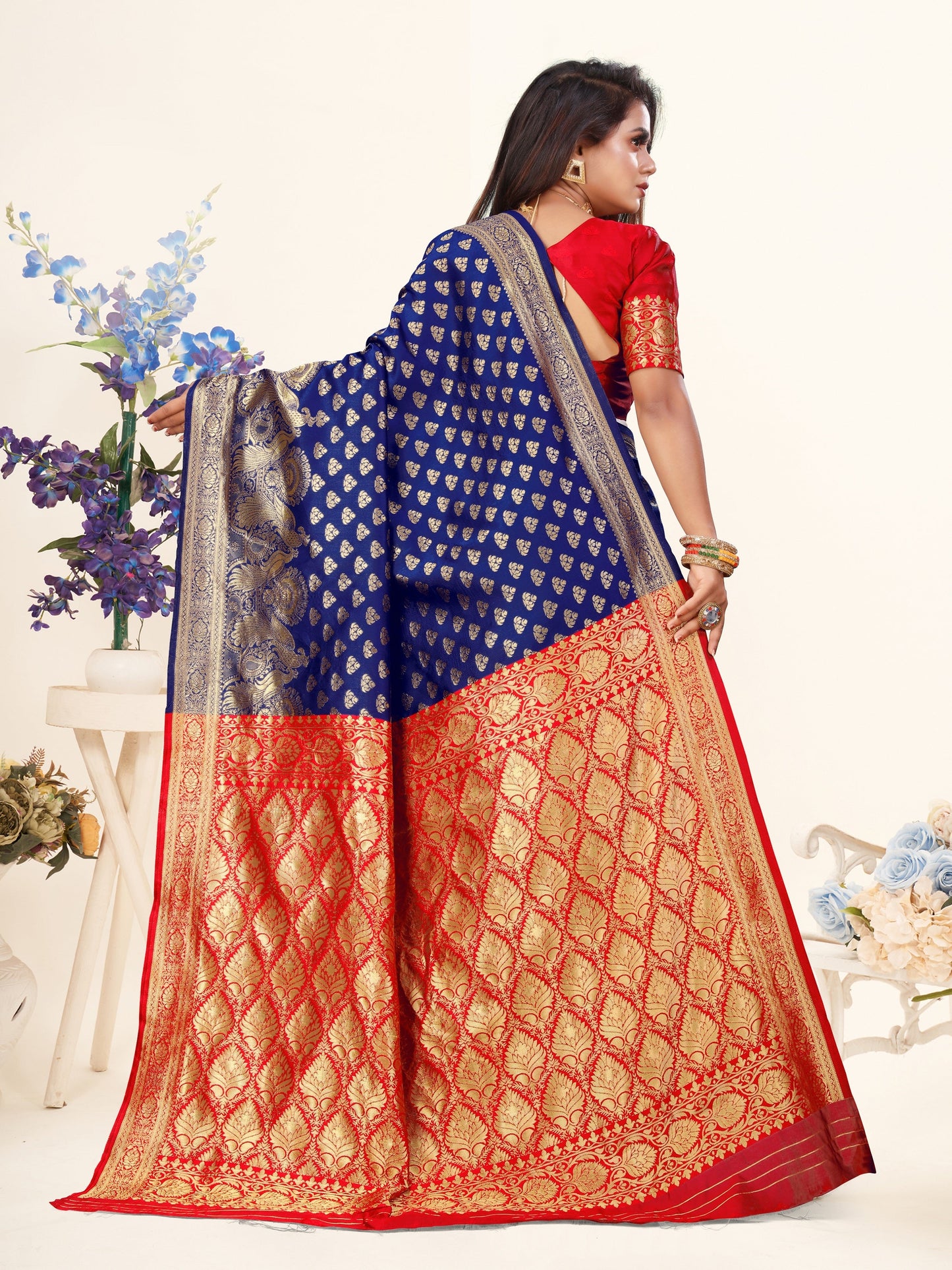Vedant Vastram Litchi Silk Designer Banarasi Saree - Blue | Swadesiicart