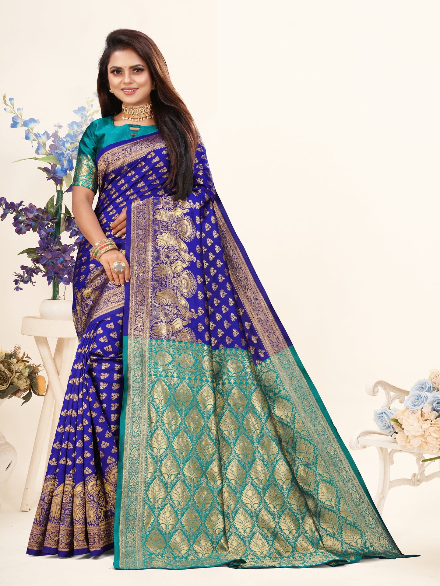 Vedant Vastram Litchi Silk Designer Banarasi Saree - Violate | Swadesiicart