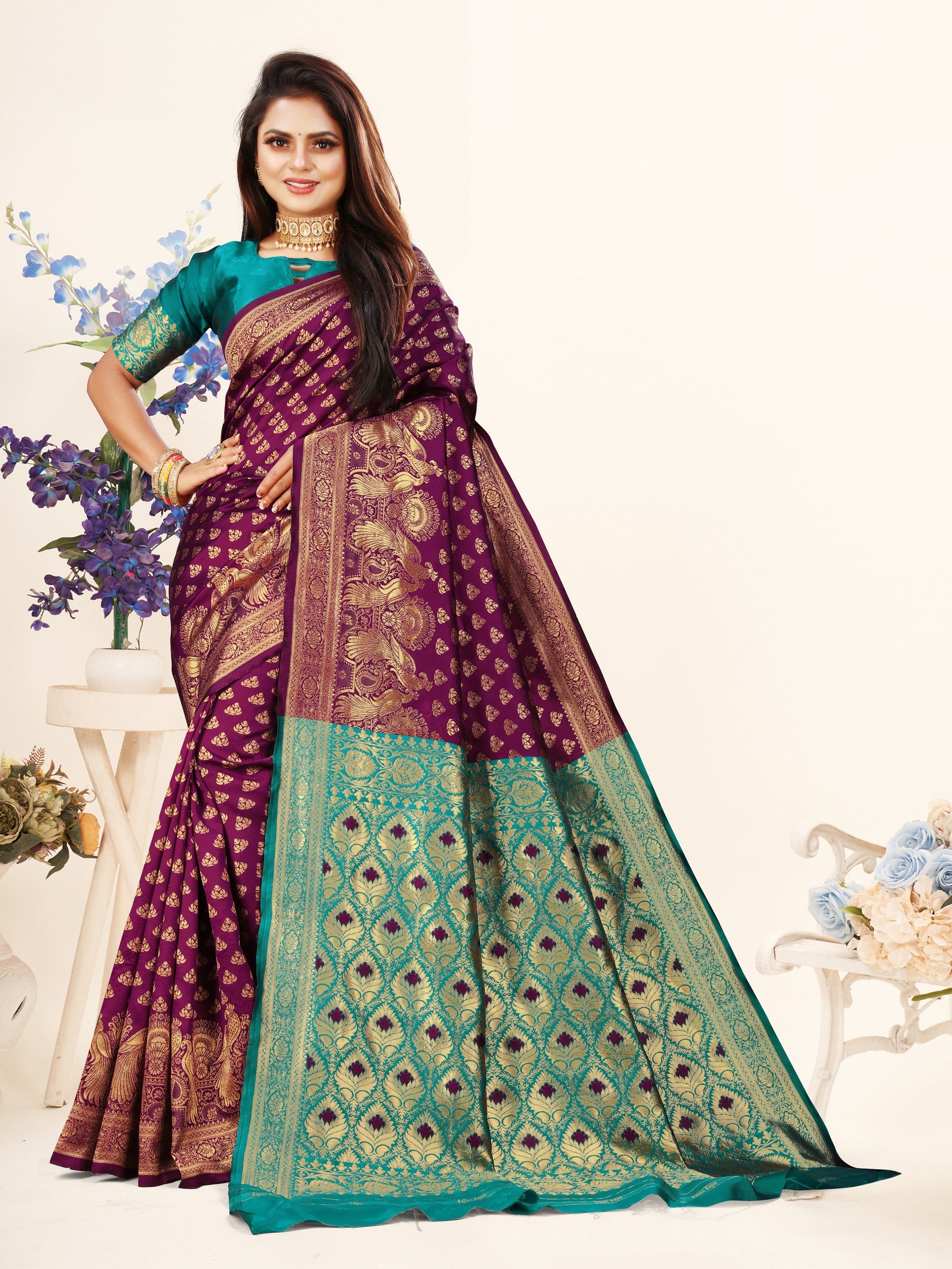 Vedant Vastram Litchi Silk Designer Banarasi Saree - Wine | Swadesiicart