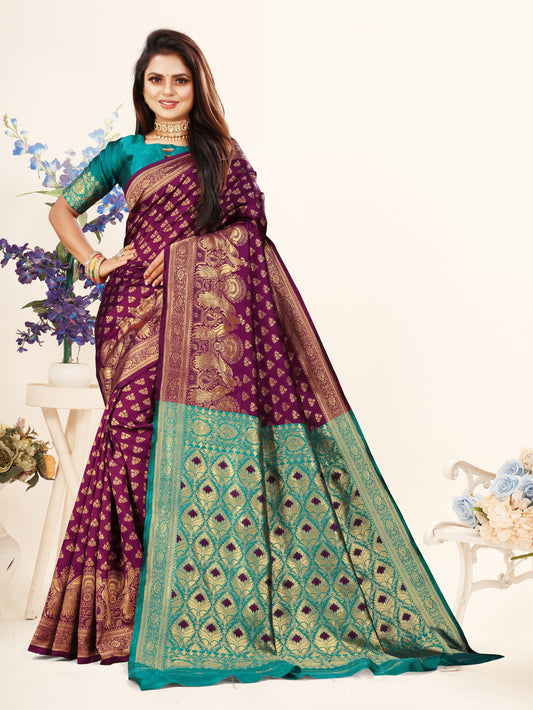 Vedant Vastram Litchi Silk Designer Banarasi Saree - Wine | Swadesiicart