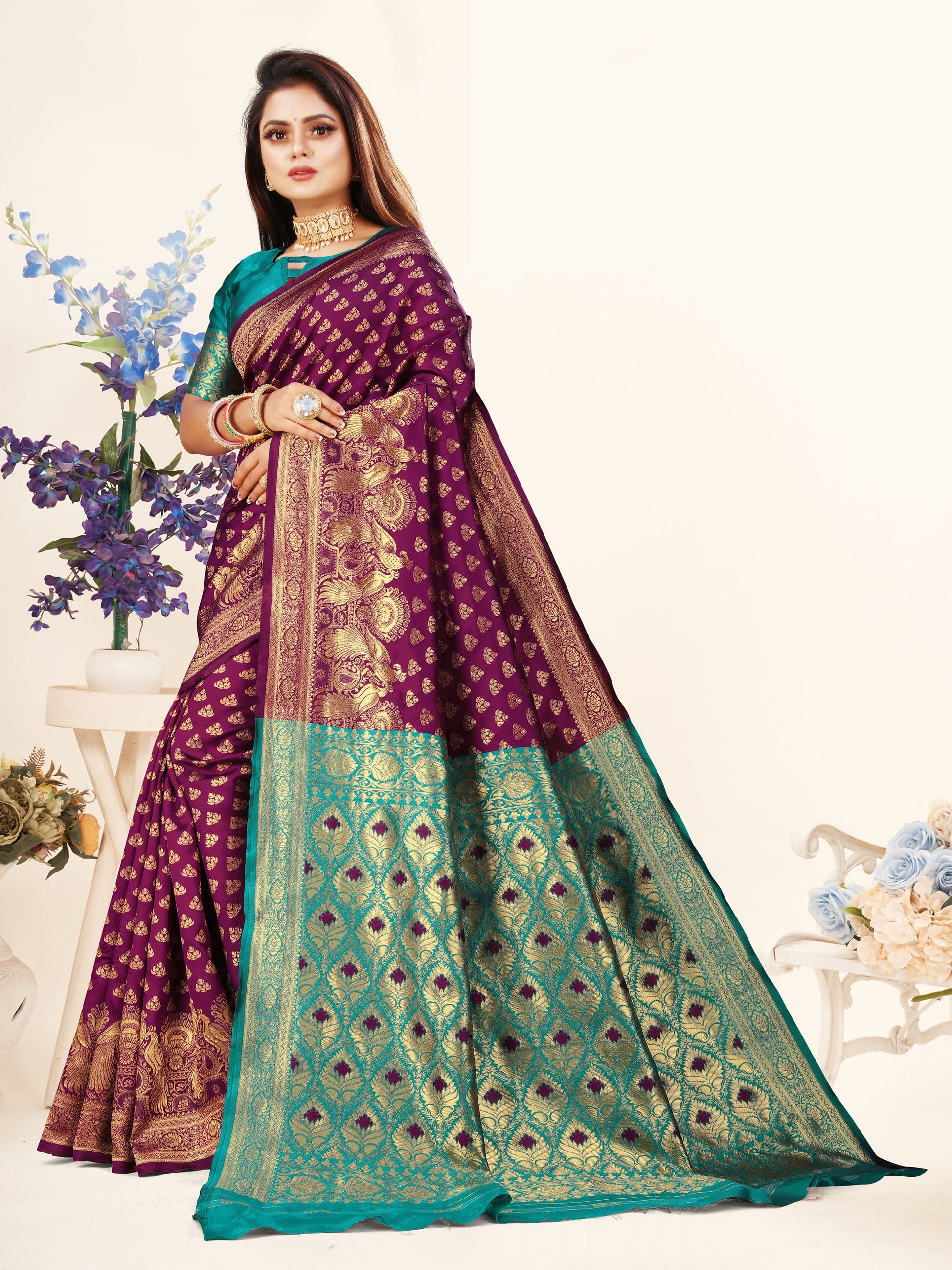 Vedant Vastram Litchi Silk Designer Banarasi Saree - Wine | Swadesiicart