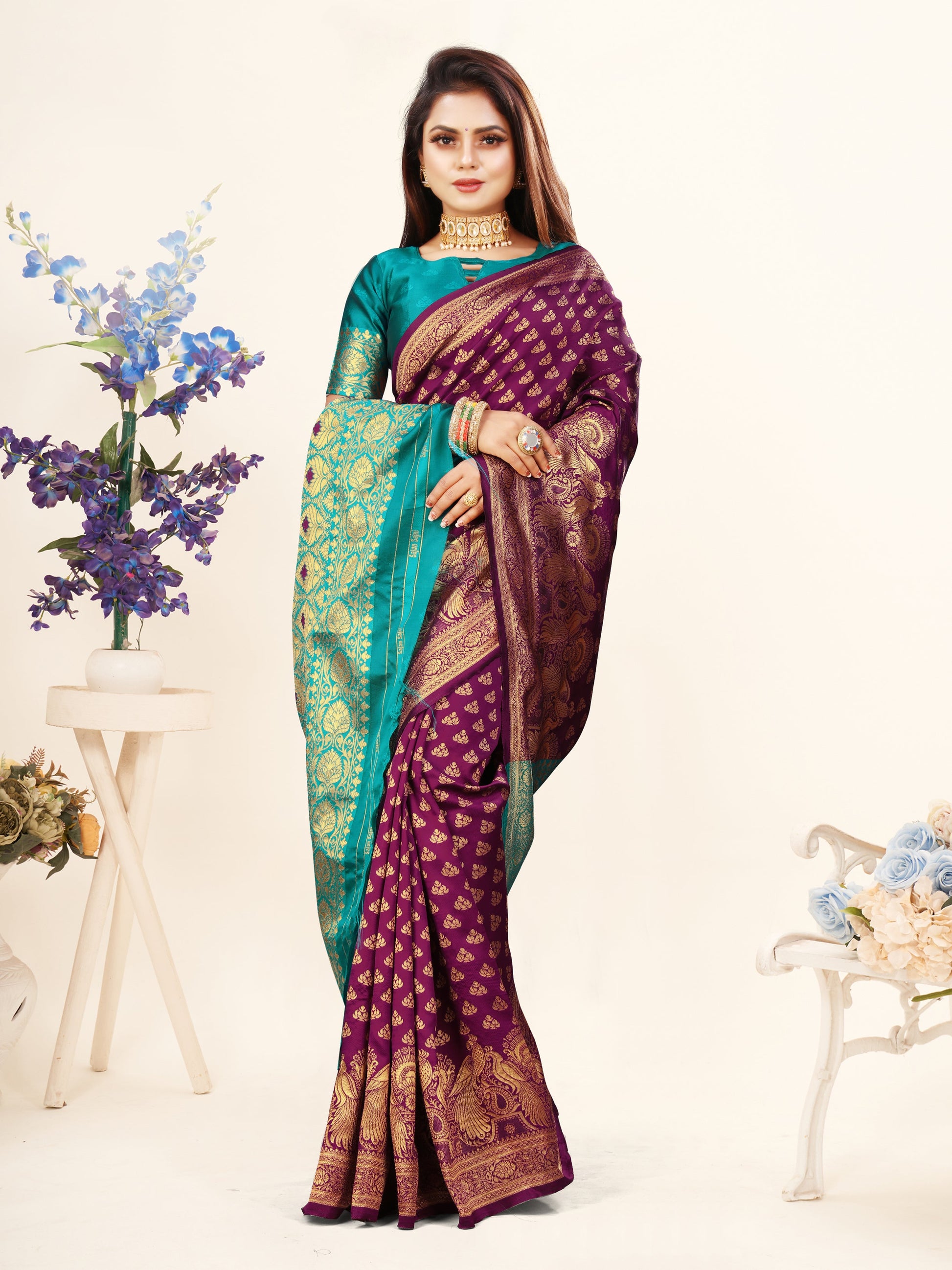Vedant Vastram Litchi Silk Designer Banarasi Saree - Wine | Swadesiicart