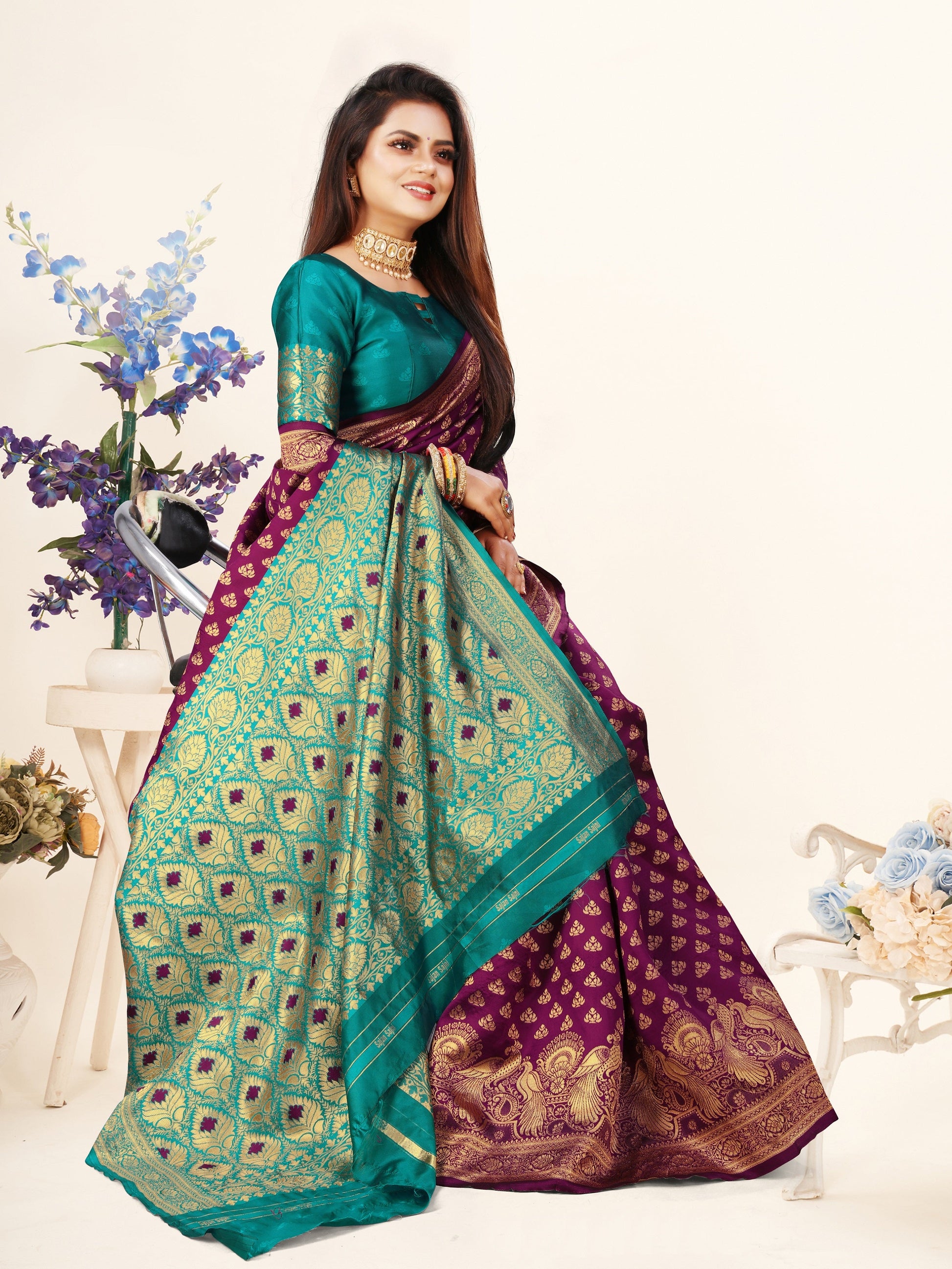 Vedant Vastram Litchi Silk Designer Banarasi Saree - Wine | Swadesiicart