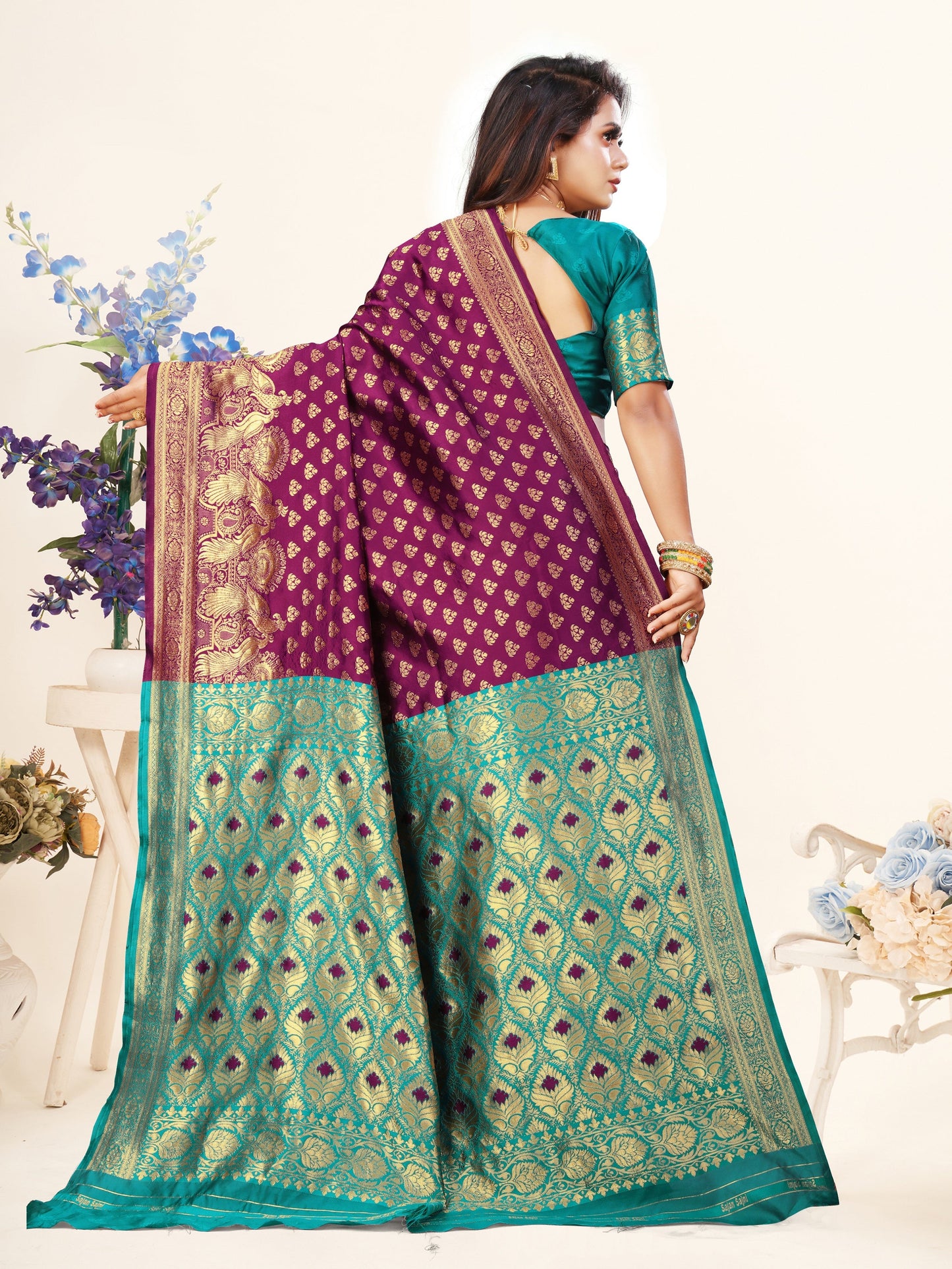 Vedant Vastram Litchi Silk Designer Banarasi Saree - Wine | Swadesiicart