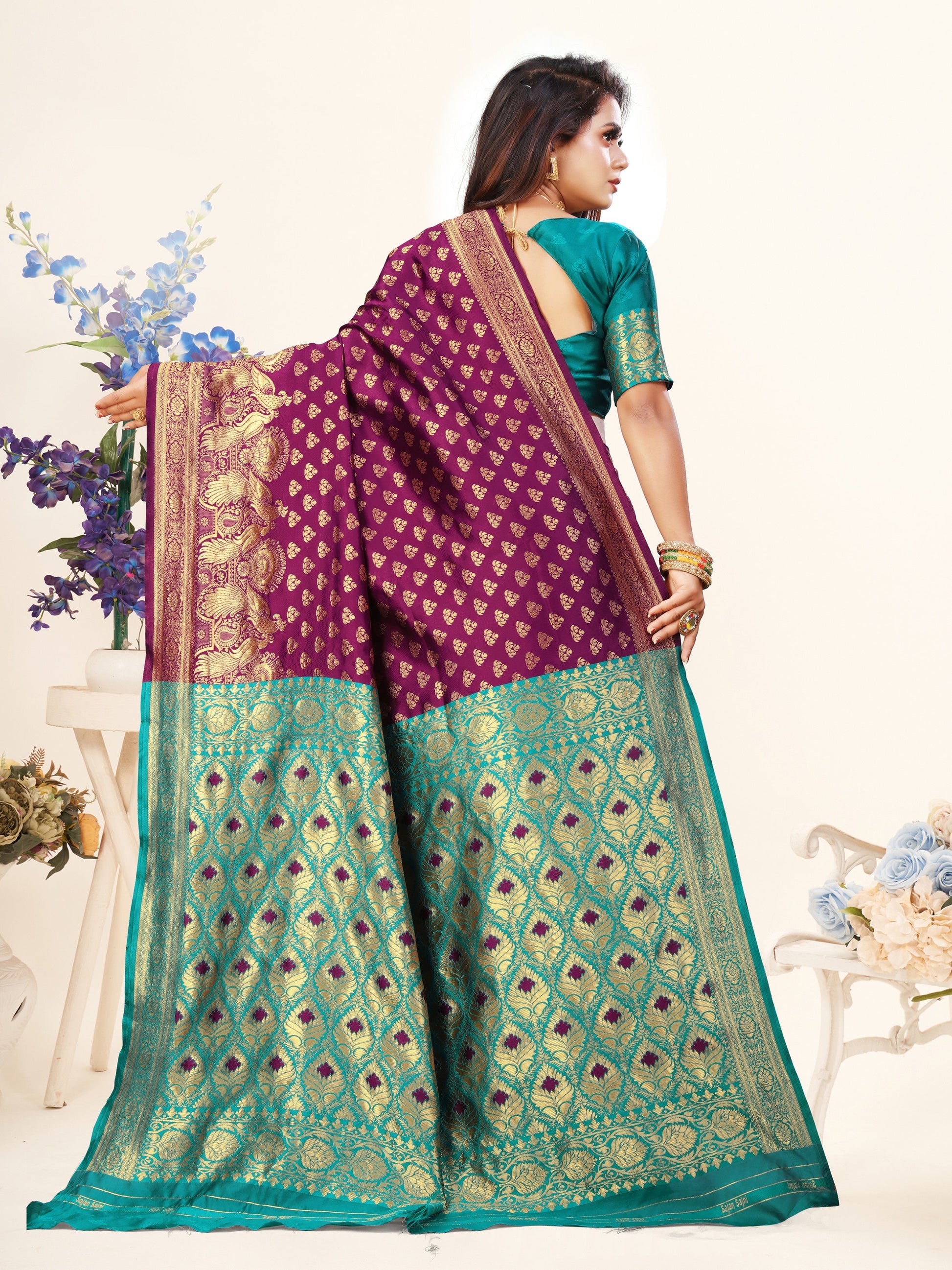 Vedant Vastram Litchi Silk Designer Banarasi Saree - Wine | Swadesiicart