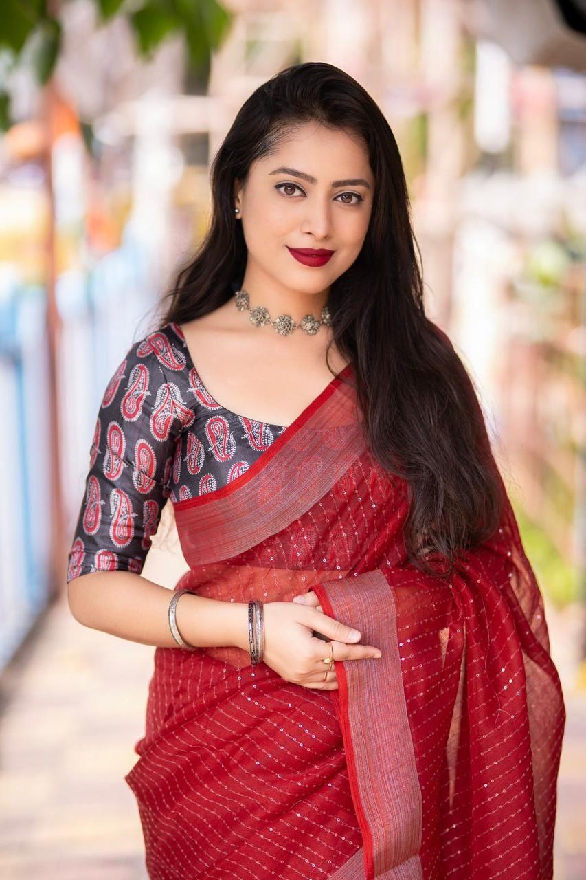 Red Linen Sequence Saree with Unstitched Blouse - Hiral Fashion | Swadesiicart