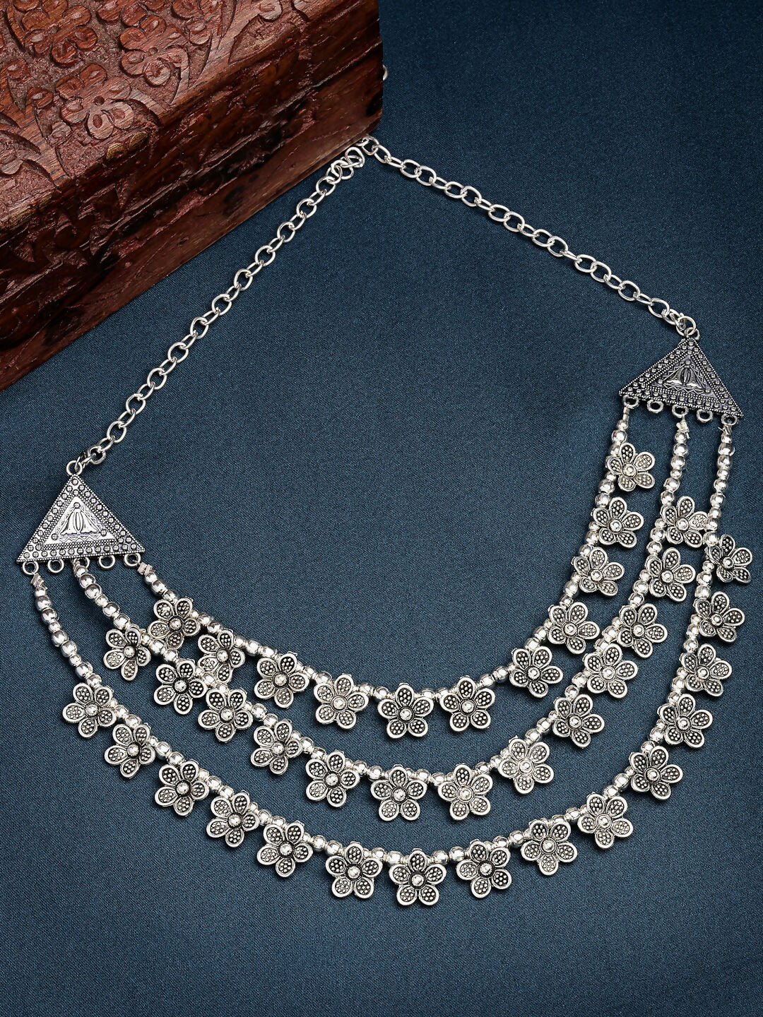 NVR Women's 3 Layered Floral Shape Artificial Beads German Silver Oxidised Necklace | Swadesiicart
