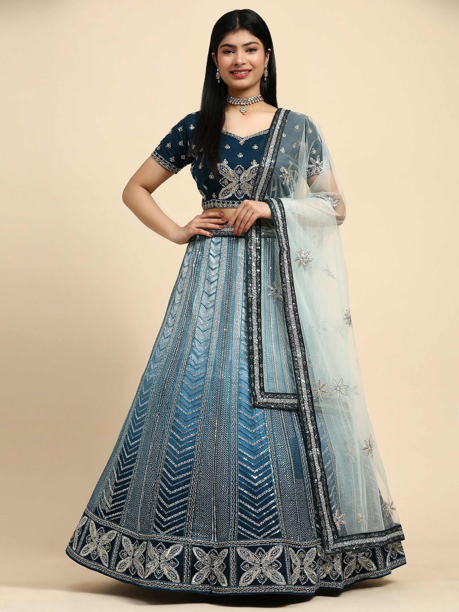 Blue Fancy Net Sequence Embroidered Lehenga Choli with Dupatta - Dhara | Swadesiicart