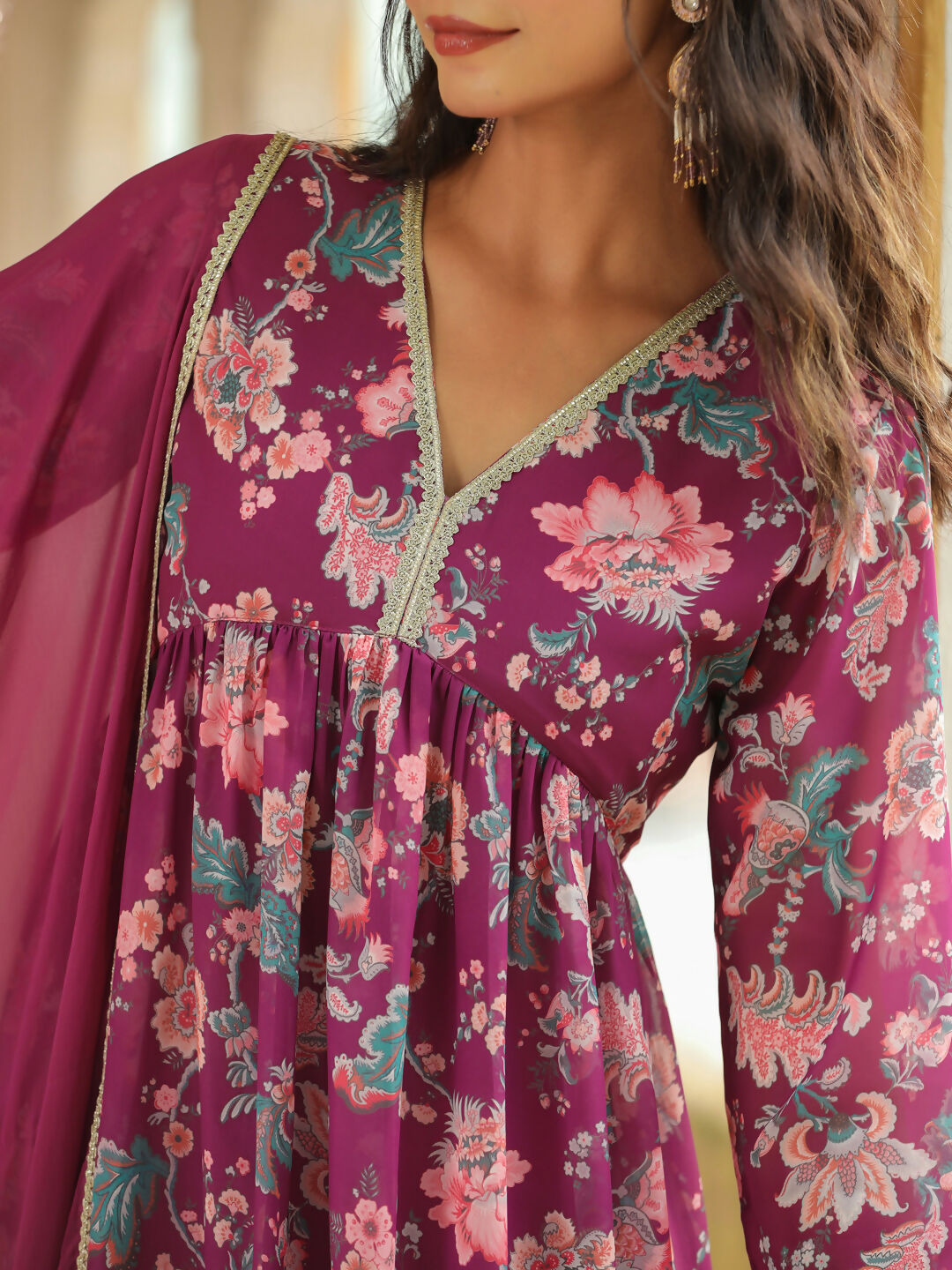 Janasya Purple Georgette Floral Kurta,Bottom & Dupatta | Swadesiicart