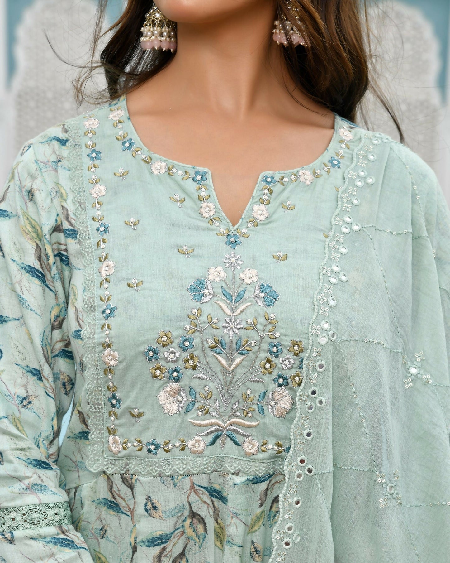 Vaasva Women's Sky Blue Cotton Anarkali Set With Solid Pant And Embroidered Dupatta | Swadesiicart