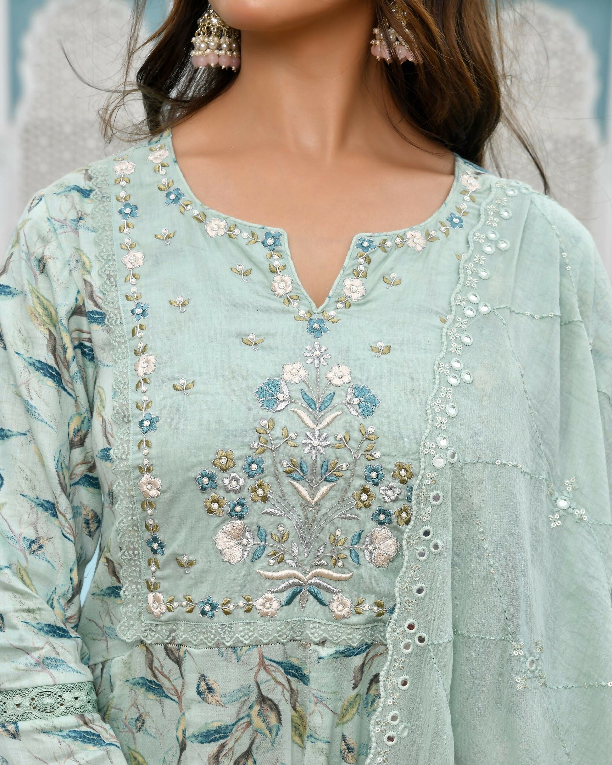 Vaasva Women's Sky Blue Cotton Anarkali Set With Solid Pant And Embroidered Dupatta | Swadesiicart