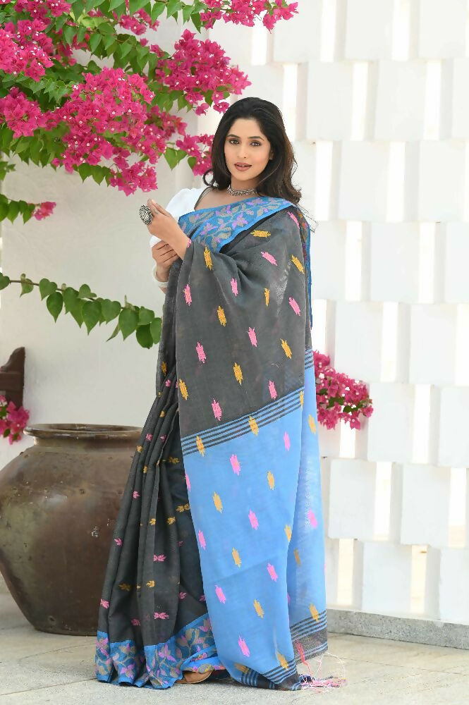 Beatitude Grey Slub Cotton Floral Jamdani Saree