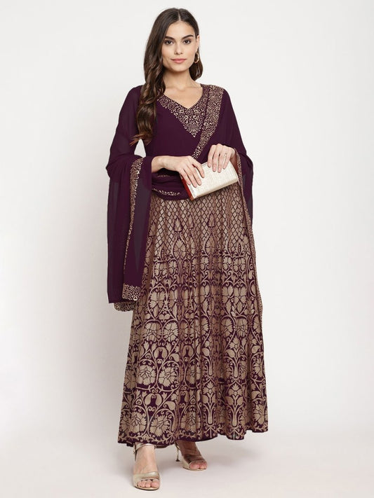 Ahalyaa Women's Wine Georgette Gold Foil Print Flared Kurta With Dupatta | Swadesiicart