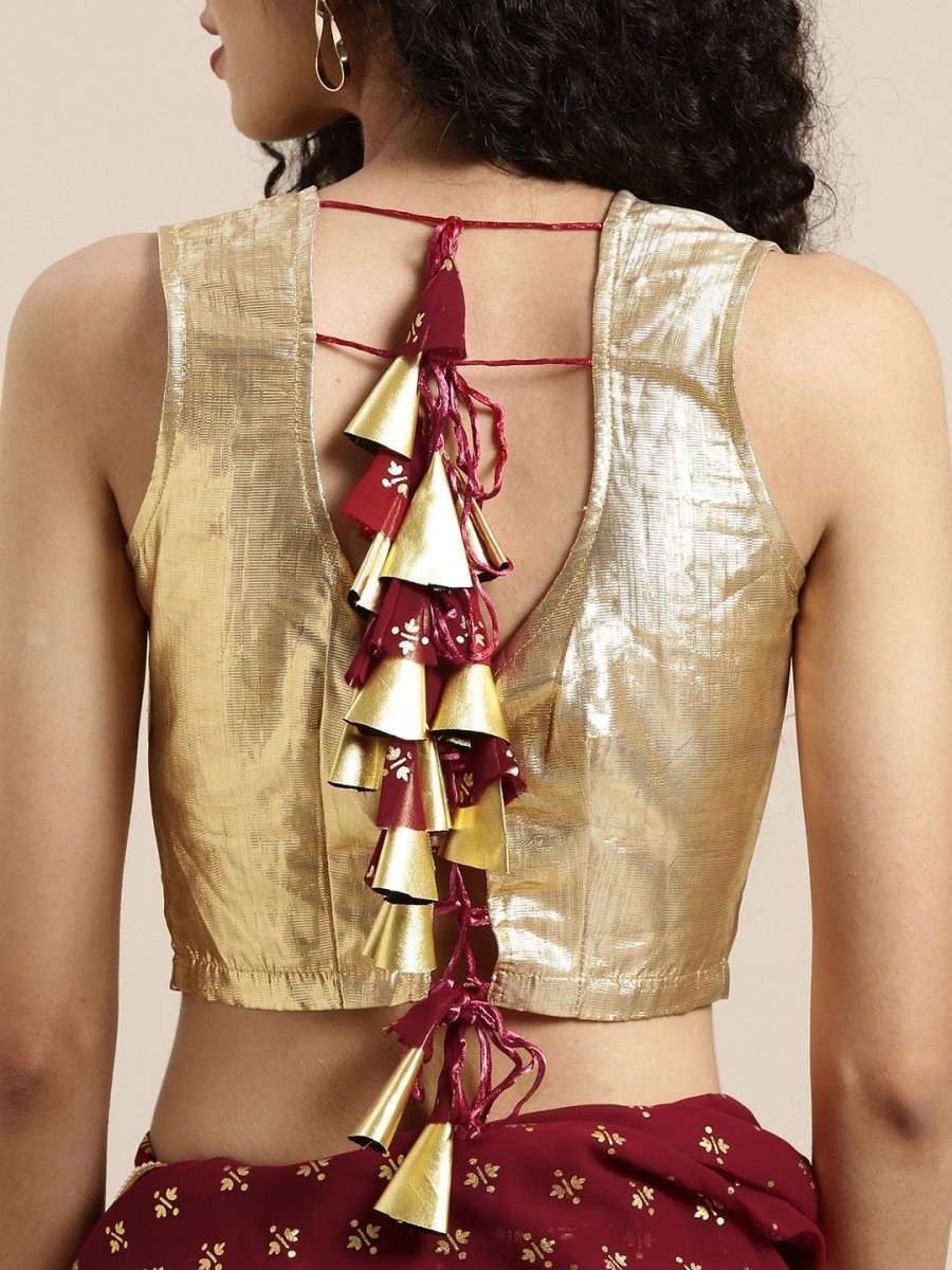 Ahalyaa Women's Maroon Georgette Gold Foil Print Ready to Wear Saree | Swadesiicart