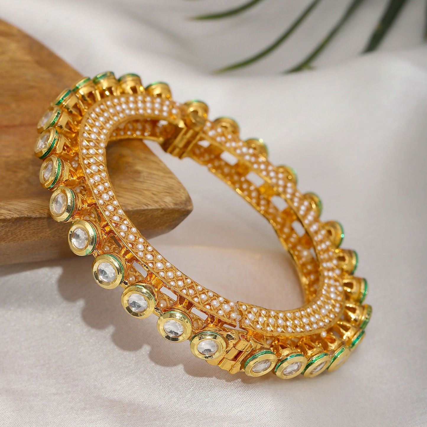 Kundan and Pearl Studded Bangle (Gold) - Ruby Raang - Swadesiicart