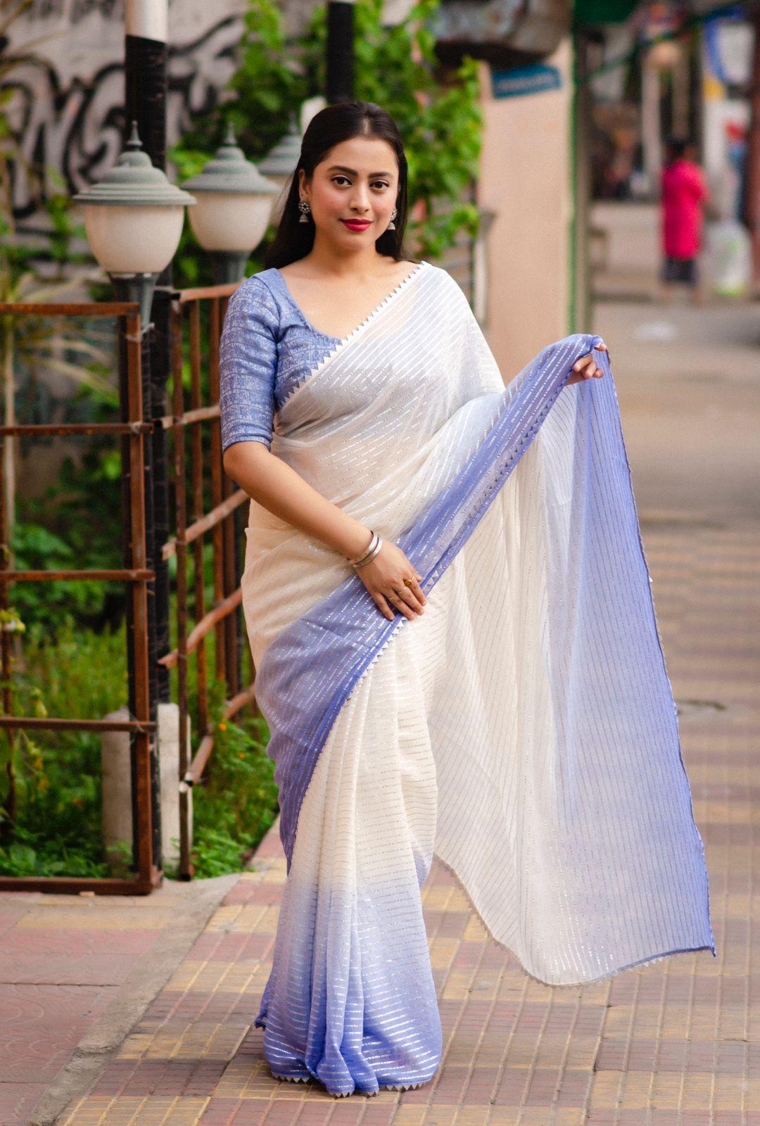 Lavender Poly Chiffon Striped Saree with Unstitched Blouse - Hiral Fashion | Swadesiicart