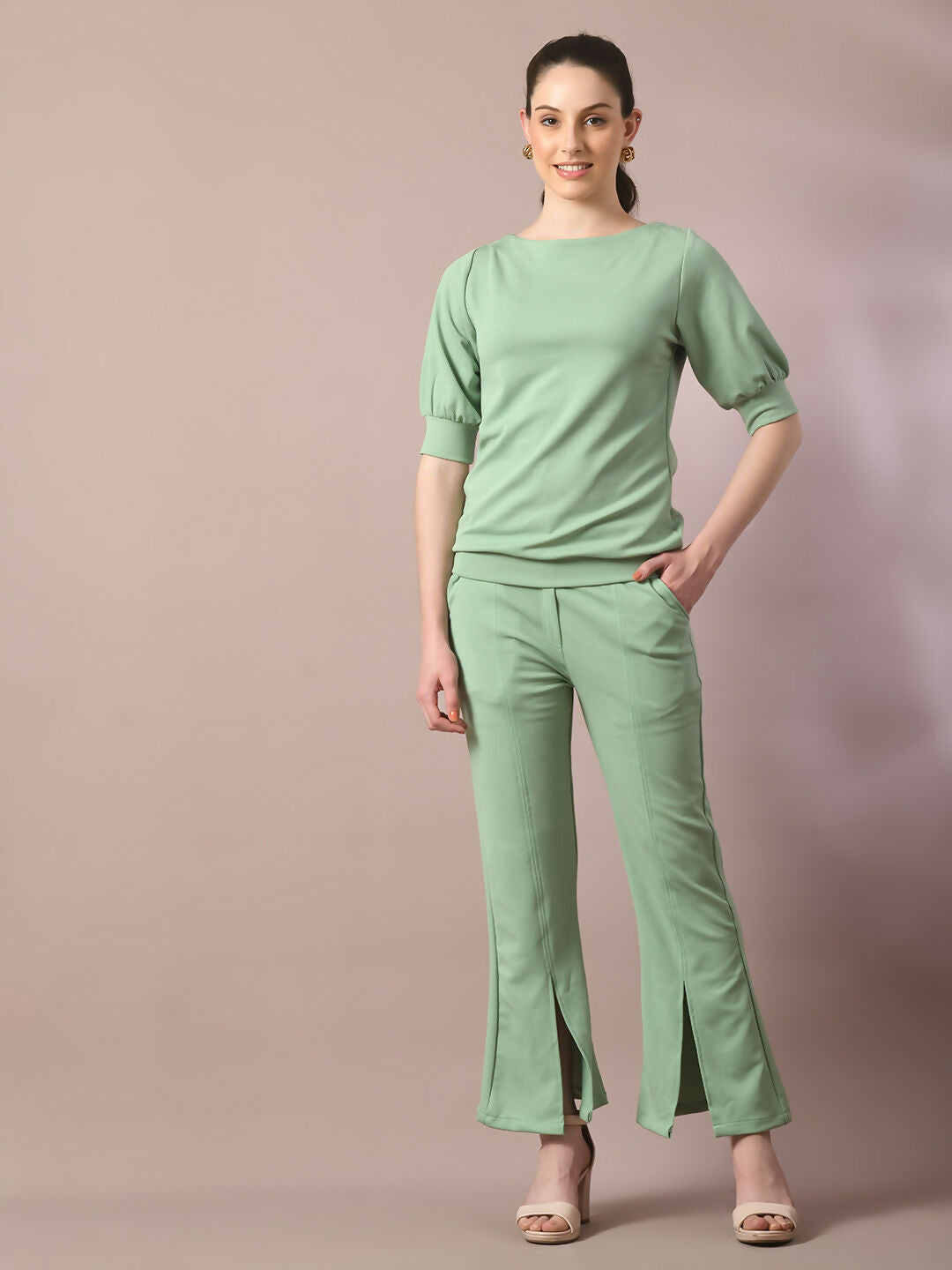 Myshka Women's Sea Green Solid Boat Neck Party Top With Trousers Co-ord set - Swadesiicart