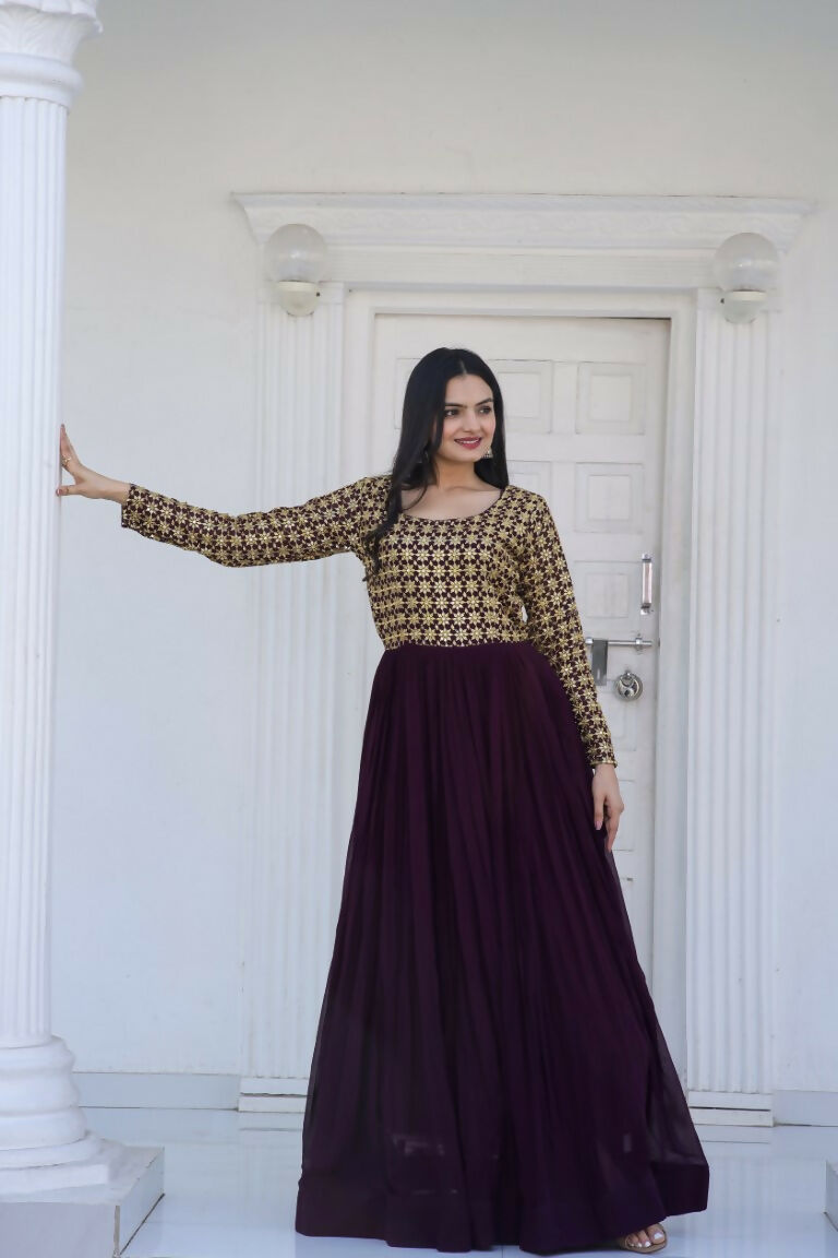 Jyoti Fashion Women's Wine Sequence Zari Embroidered Faux Blooming Anarkali Dress | Swadesiicart