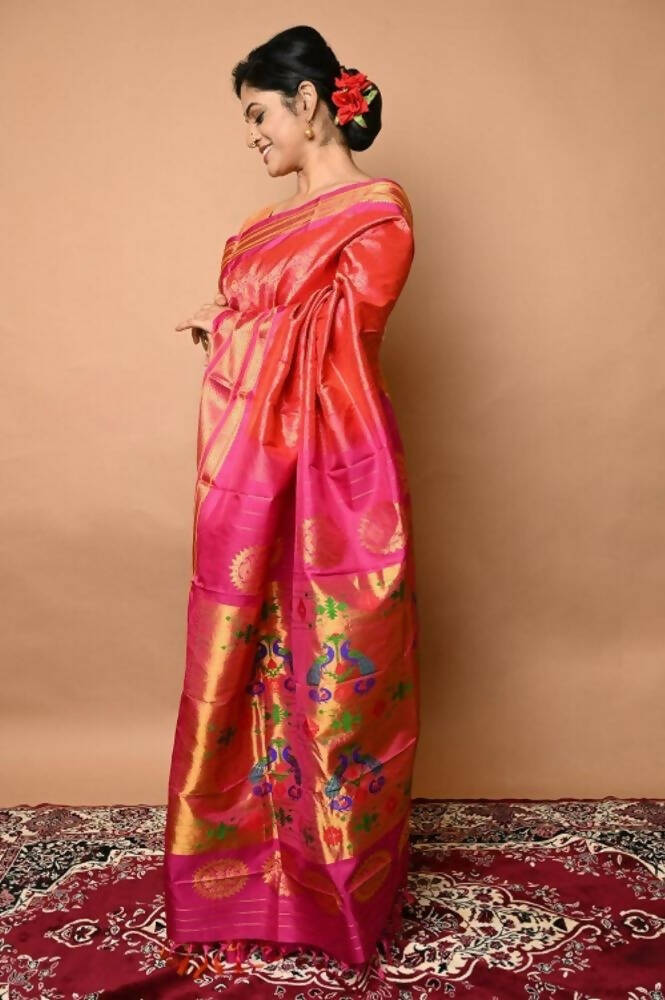 Very Much Indian Silk Handloom Maharani Paithani Complete Brocade Work Throughout Saree Peach Pink | Swadesiicart