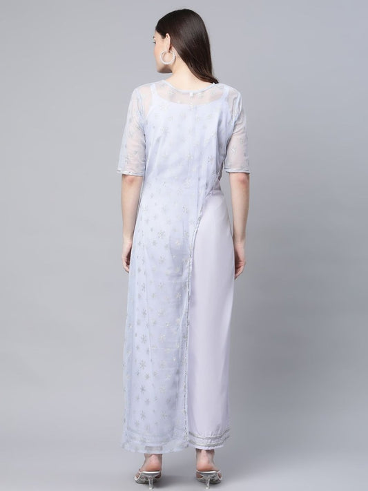 Ahalyaa Womens Blue Crepe & Net Silver Glitter Print Jumpsuit - Swadesiicart