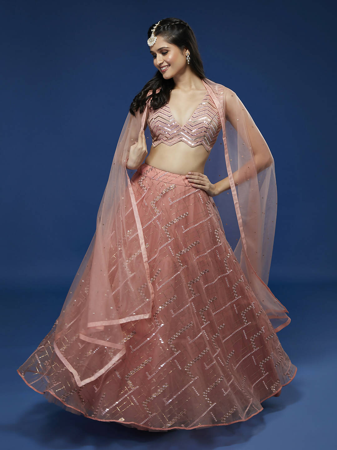 House of Panchhi Peach Net Sequinse Embroidered Lehenga & Blouse with Dupatta | Swadesiicart