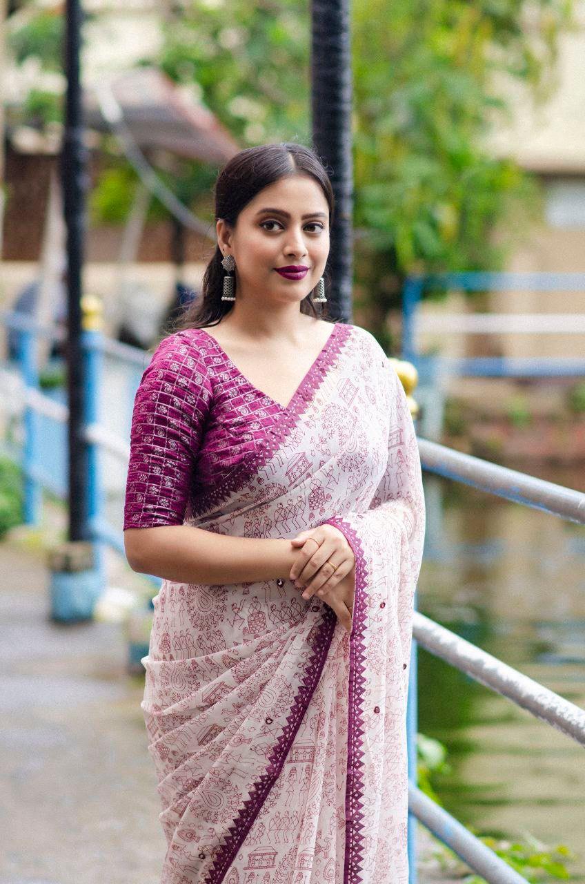 Purple Pure Georgette Warli Saree with Unstitched Blouse - Hiral Fashion | Swadesiicart