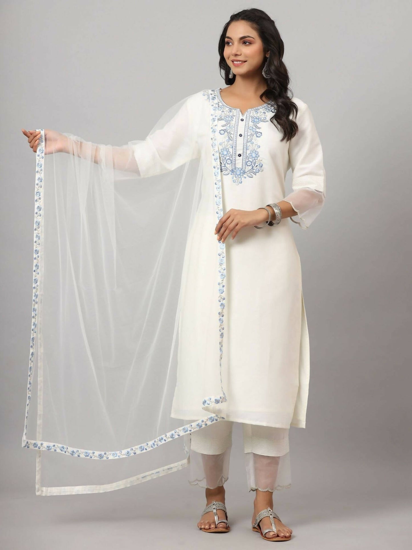 Juniper Women's White Chinnon Solid Embroidered Kurta Set | Swadesiicart