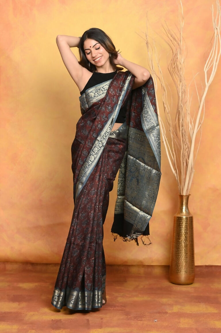 Very Much Indian Modal Silk Ajrakh Handblock Printed Natural Dyes With Designer Border Saree - Dark Maroon | Swadesiicart