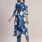Aavyora Women's Blue Floral Printed Cotton Kurta with Trouser - Swadesiicart