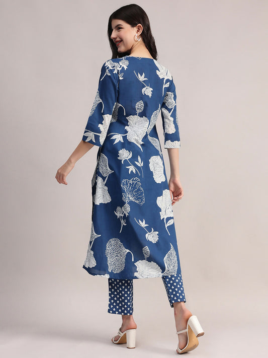 Aavyora Women's Blue Floral Printed Cotton Kurta with Trouser - Swadesiicart