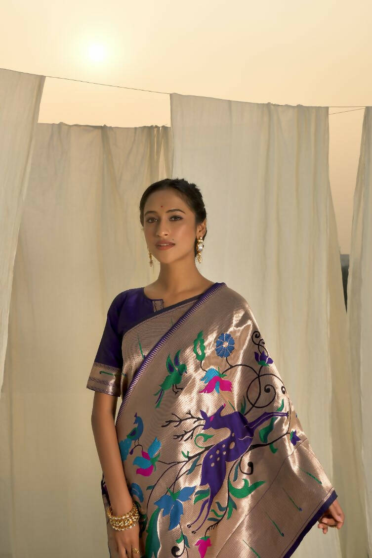 Vishnu Weaves Women's Royal Blue Paithani Silk Zari Woven Saree with Unstitched Blouse - Swadesiicart