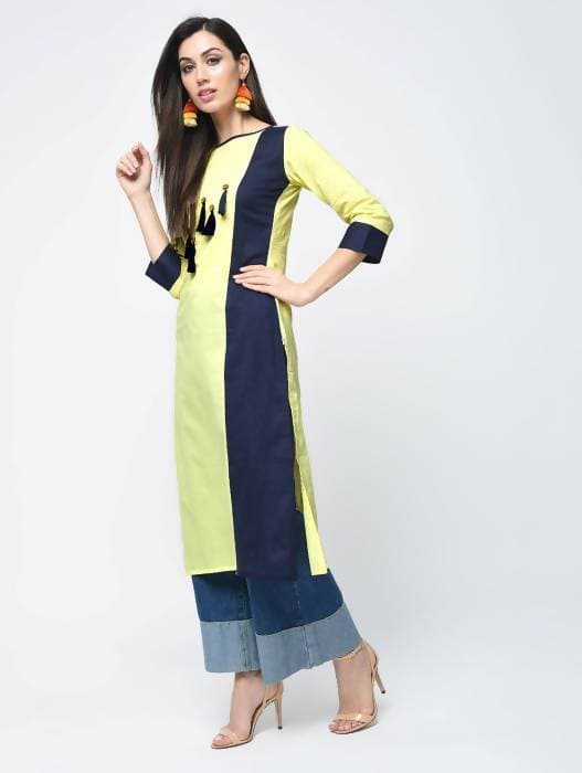 Aniyah Cotton Color Block Yellow Straight Kurta With Tassels (AN-103K) - Swadesiicart