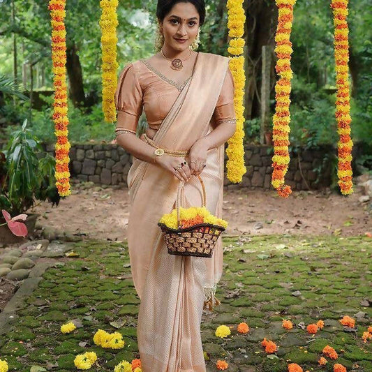 DEIANA'S Beautiful Designer Golden zari Soft Lichi Silk Saree - White - Swadesiicart
