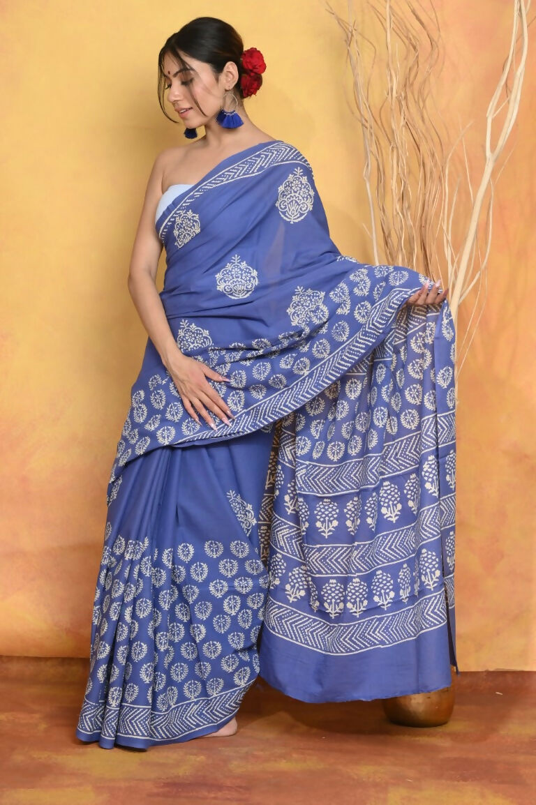Very Much Indian Pure Cotton Handblock Printed Saree - Blue | Swadesiicart