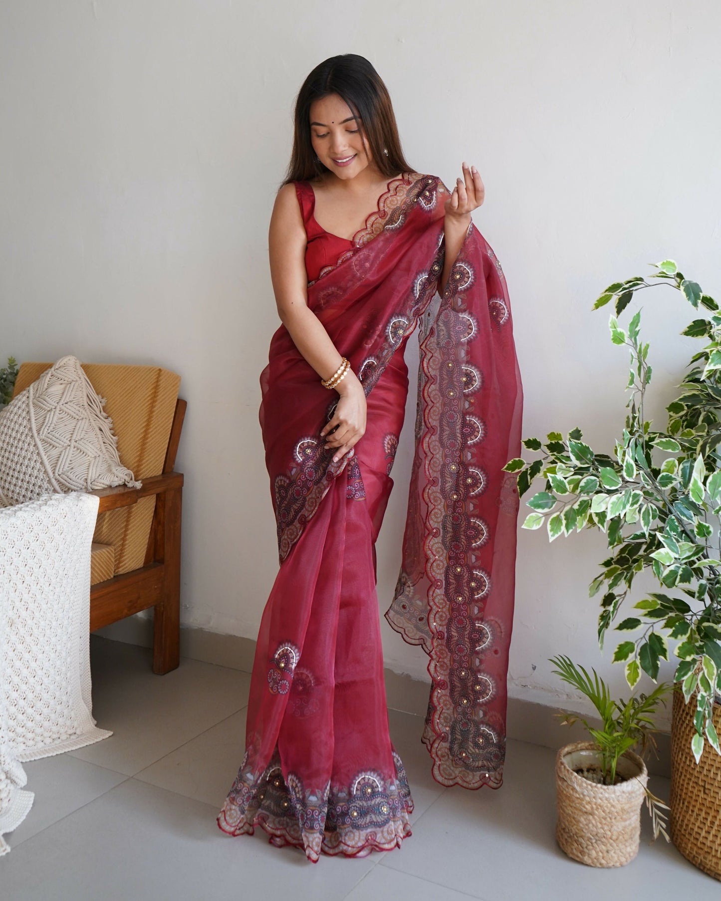 Vamsee Shivika Maroon Organza Saree - Swadesiicart