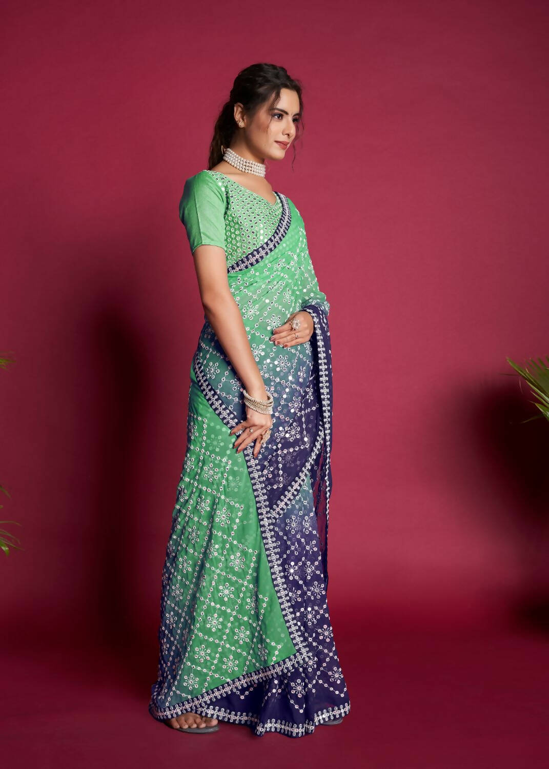 Vamsee Green And Blue Georgette Designer Saree - Swadesiicart