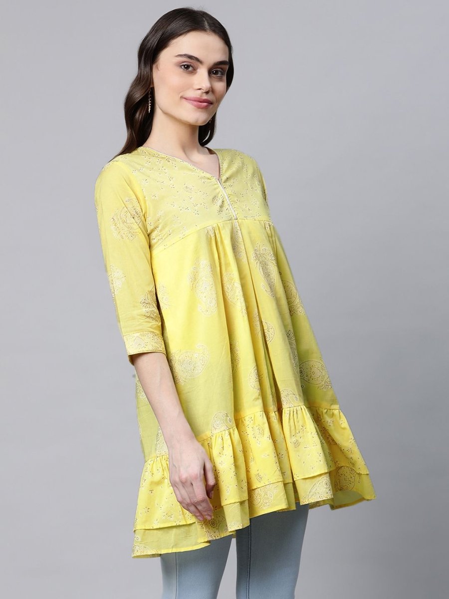 Ahalyaa Women Yellow Cotton Printed Tunic | Swadesiicart
